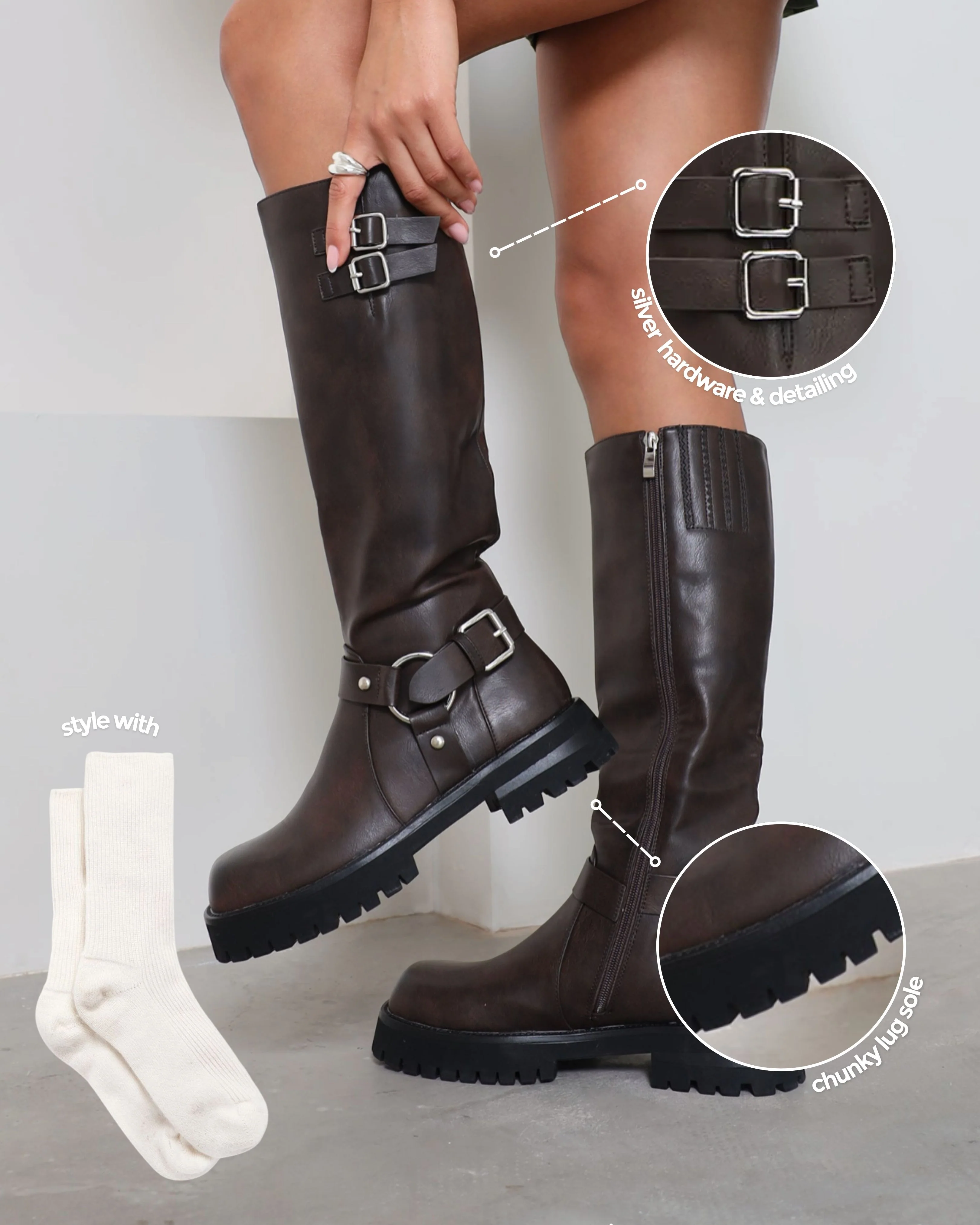 Benton Vintage Brown Knee High Chunky Biker Boots - Image 2