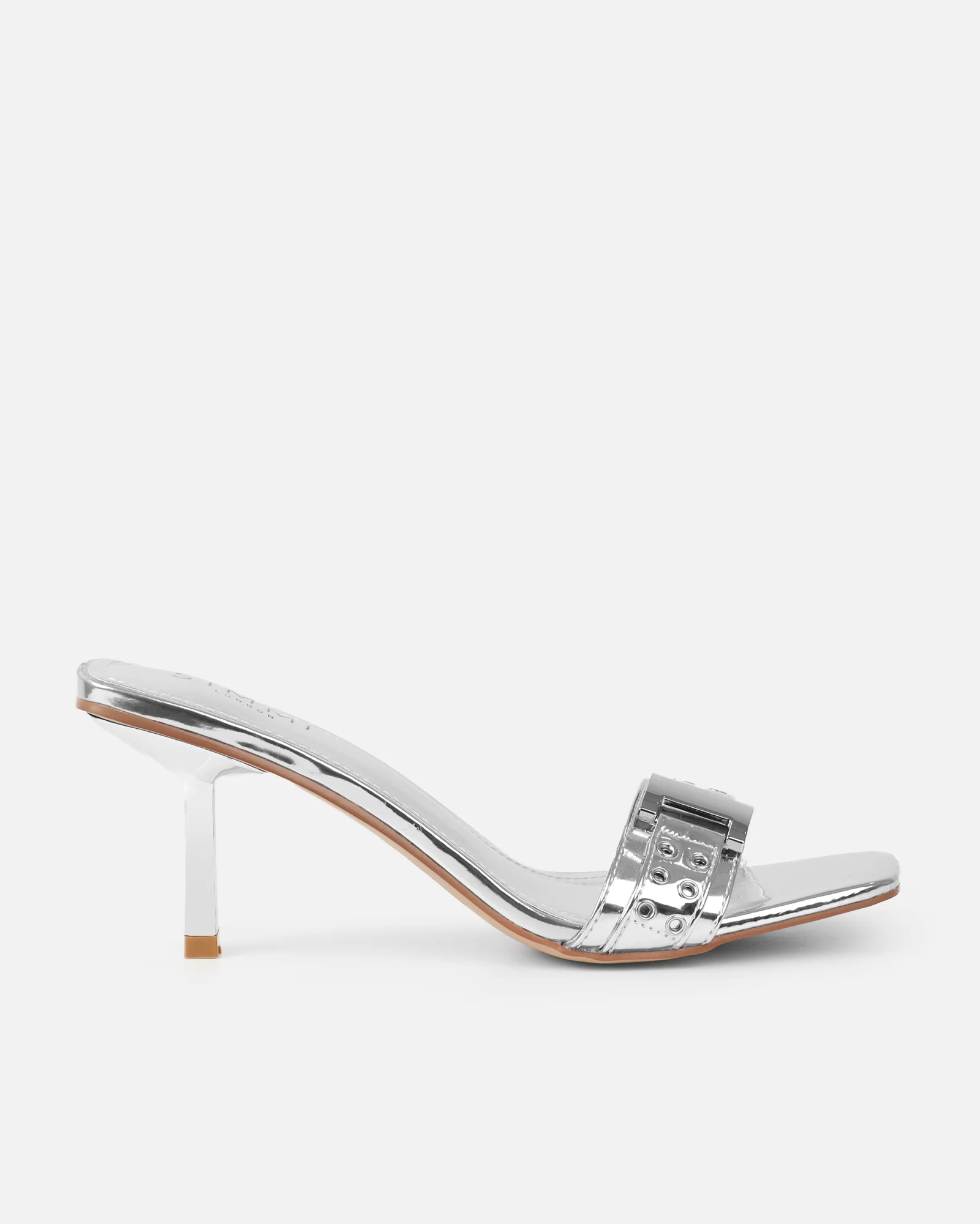 Bexley Silver Mirror Strap Detail Heeled Mules - Image 2