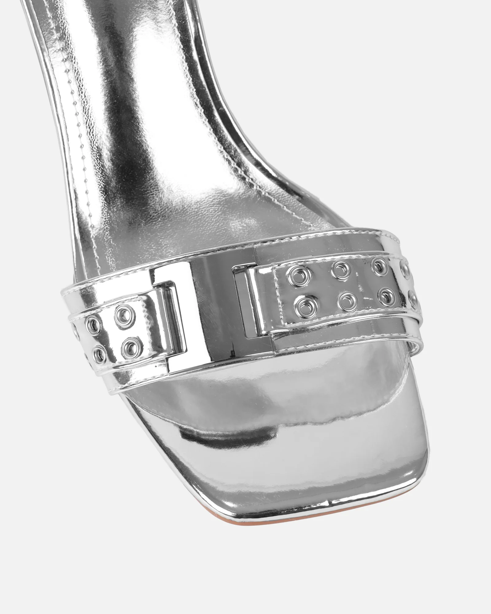 Bexley Silver Mirror Strap Detail Heeled Mules - Image 4
