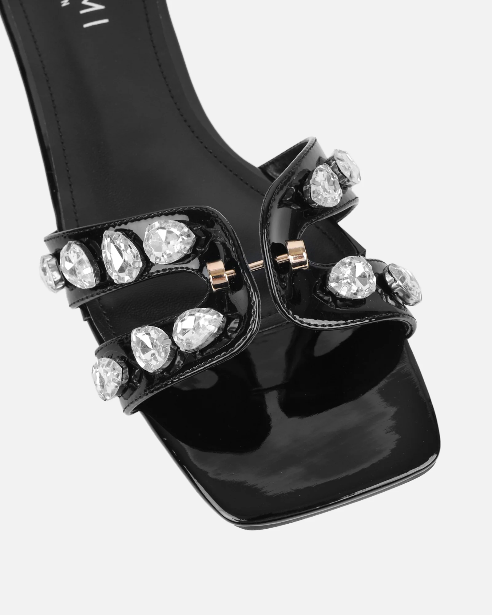 Billie Black Patent Diamante Slider Sandals - Image 4
