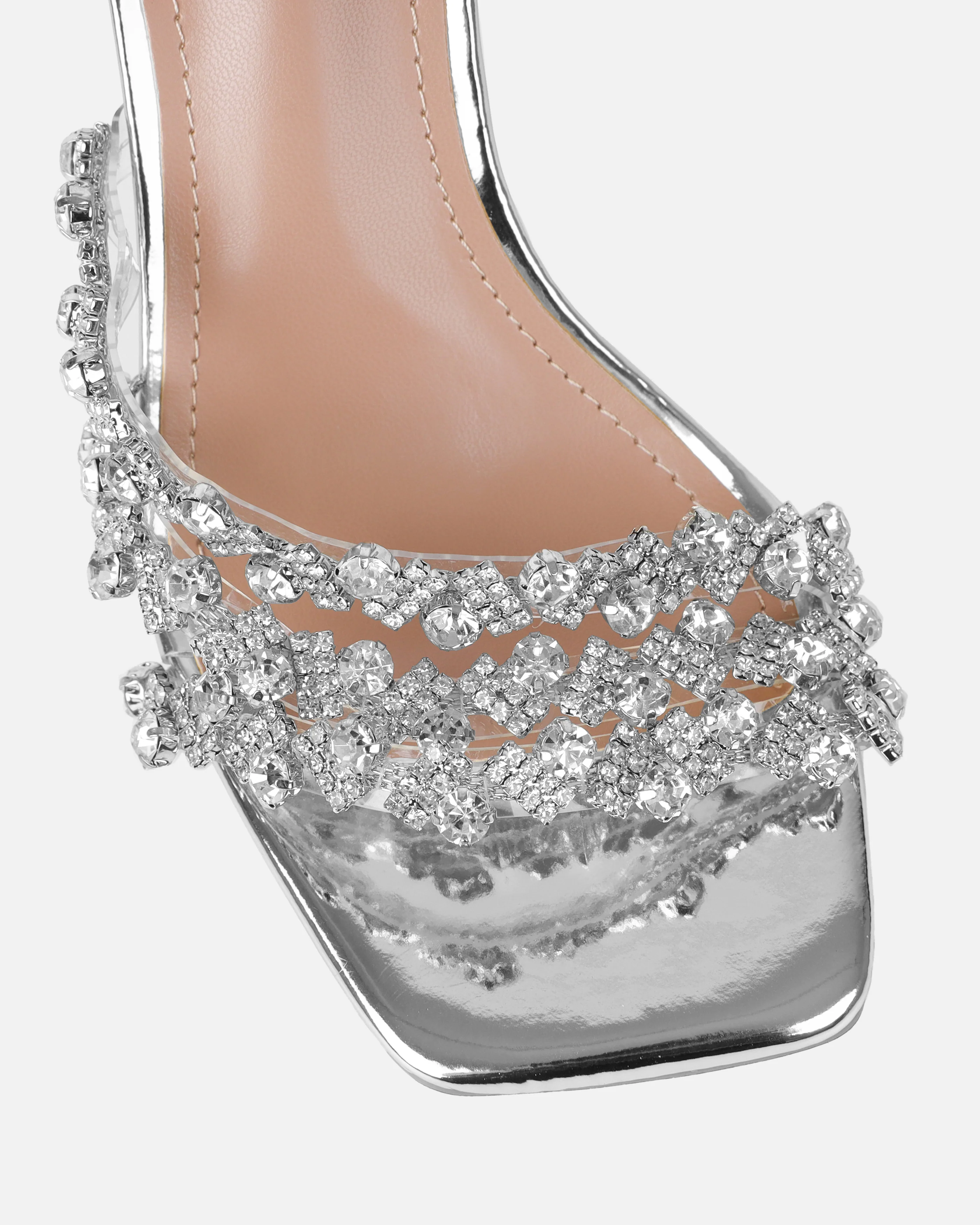 Blushing Silver Mirror Diamante Mid Heel Mules - Image 4
