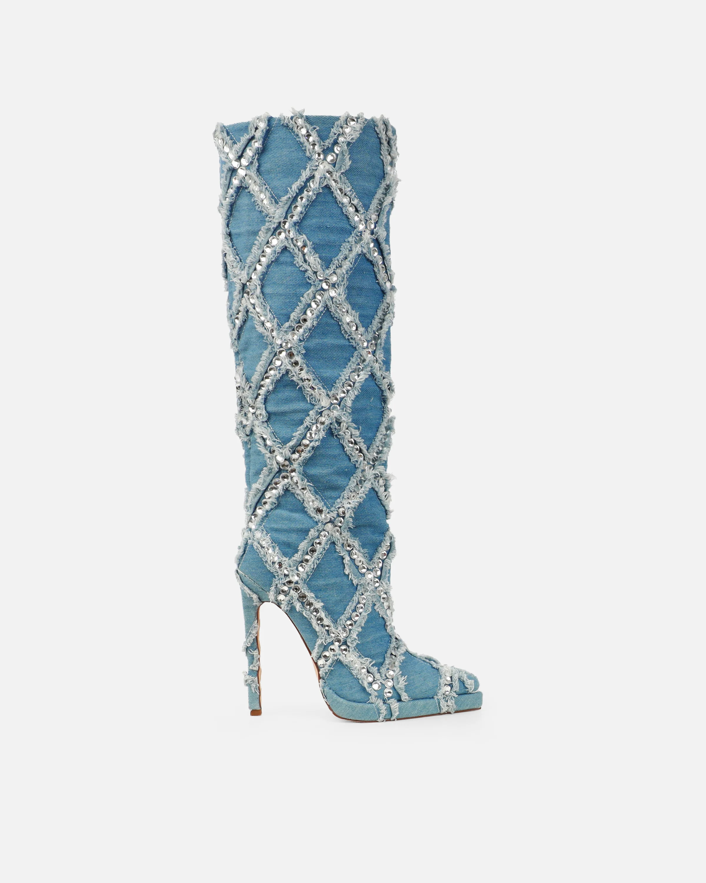 Bobby Denim Blue Diamante Knee High Boots - Image 2