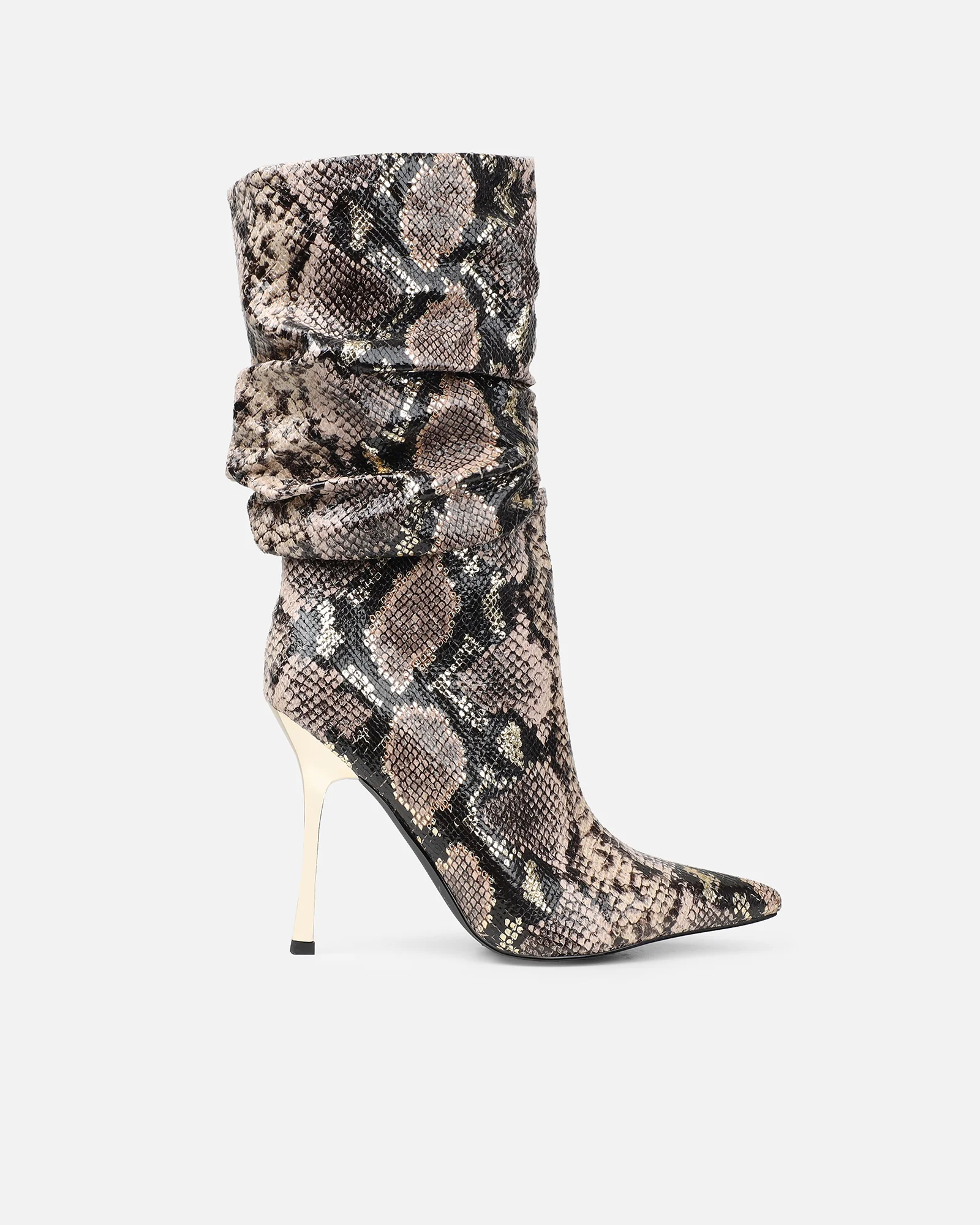 Brette Beige Snake Effect Ruched Heeled Boots - Image 2