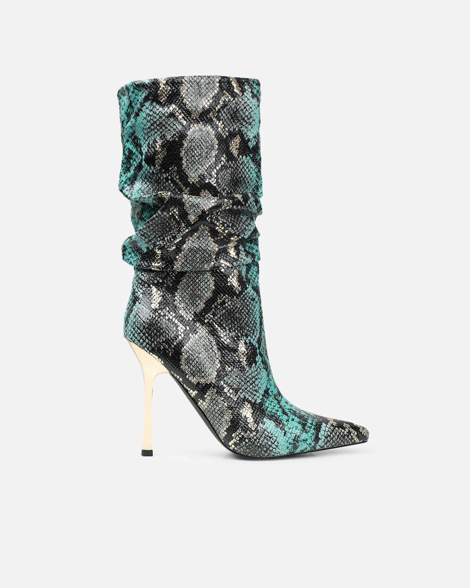 Brette Green Snake Effect Ruched Heeled Boots - Image 2