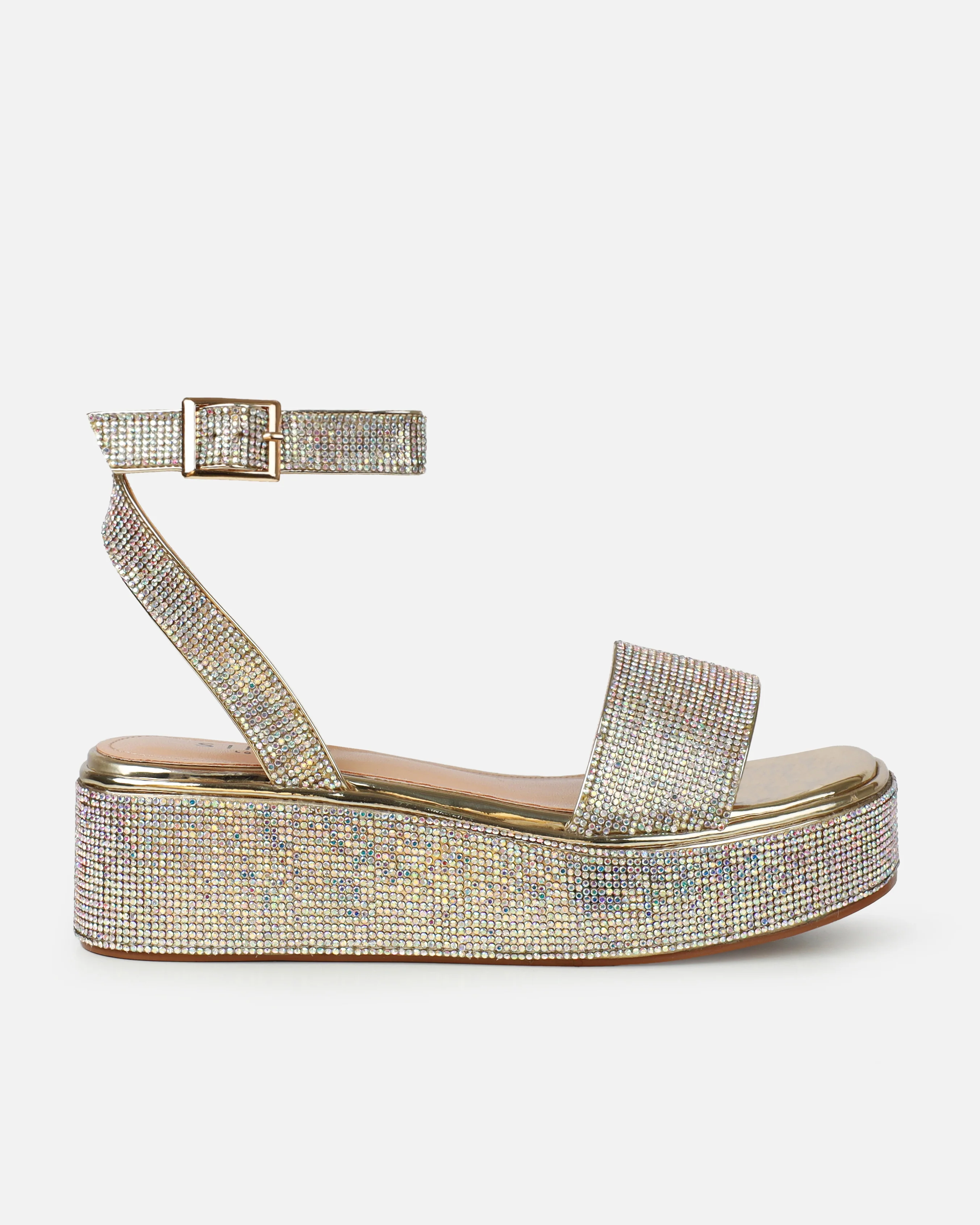Brittany Gold Mirror Diamante Flatform Sandals - Image 2