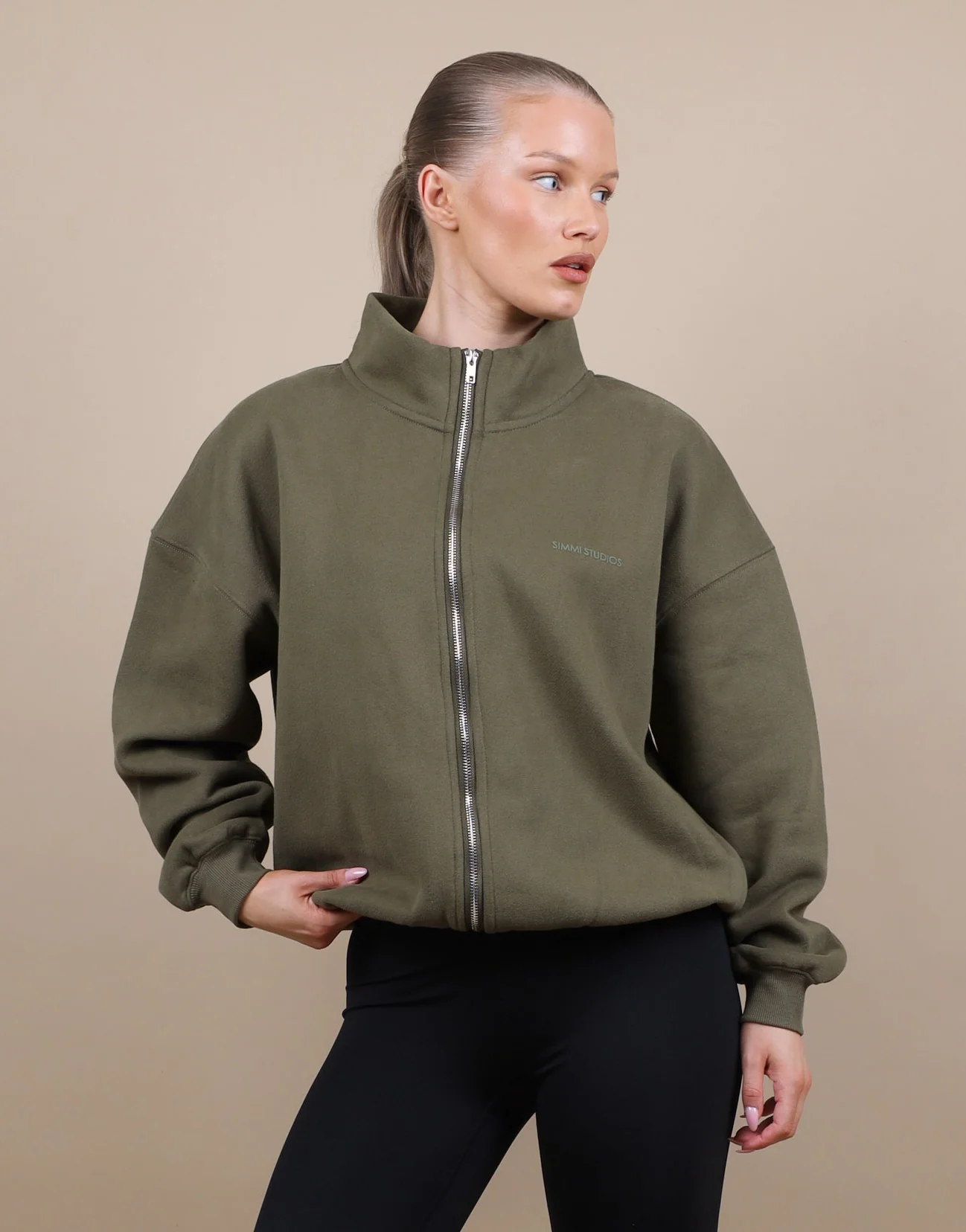 Bronte Simmi Studios Zip Through Funnel Neck Sweatshirt In Olive