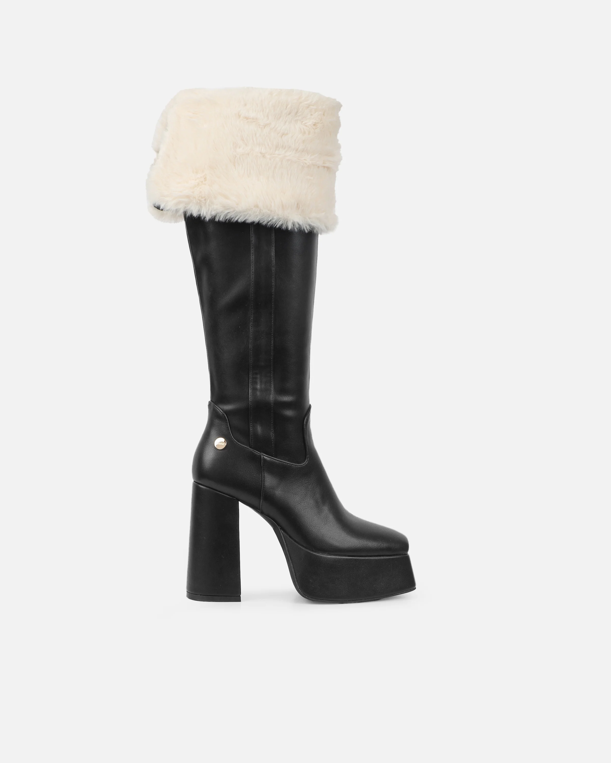 Caiden Black Platform Knee Boots With Faux Fur Turnover - Image 2