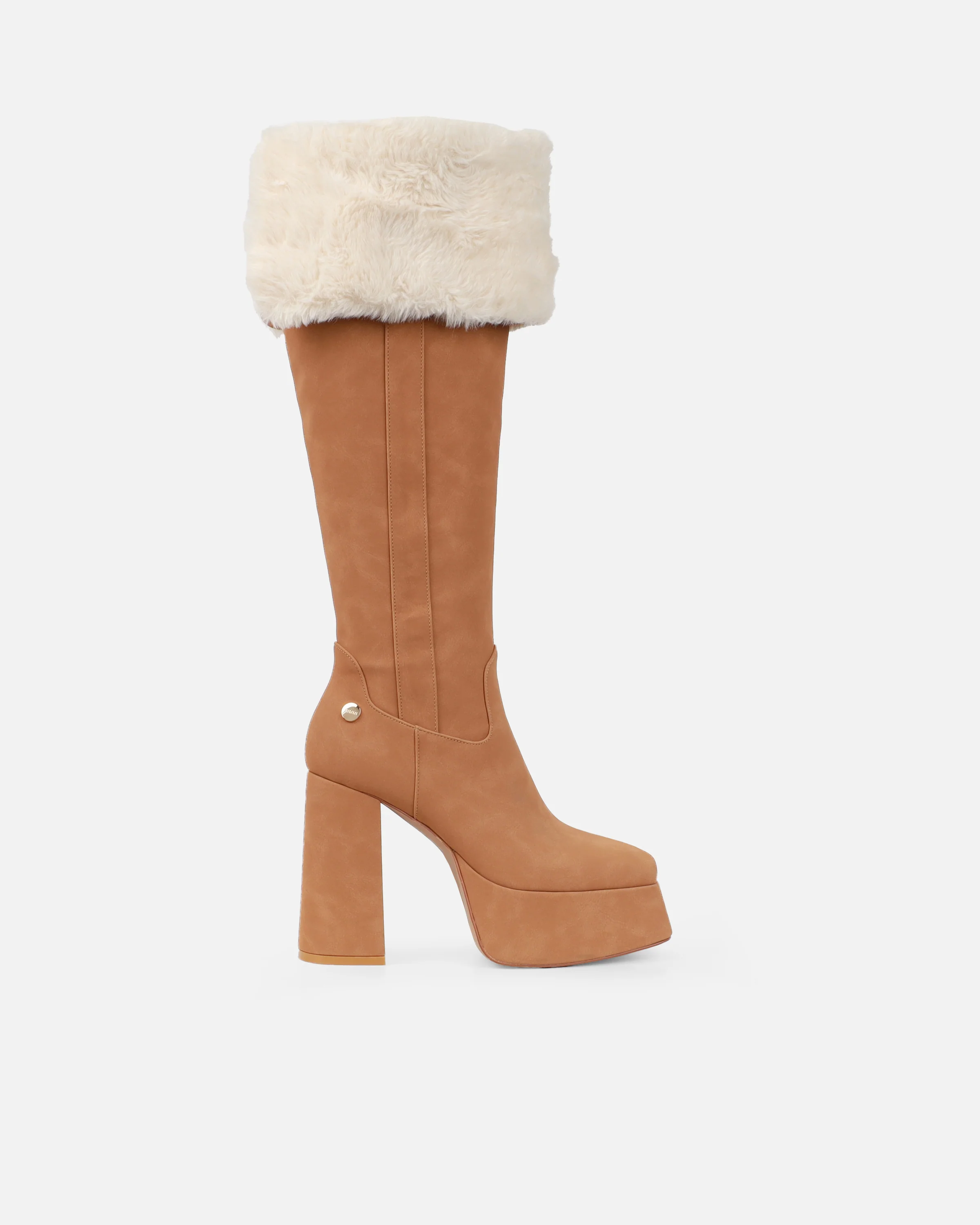 Caiden Tan Platform Knee Boots With Faux Fur Turnover - Image 2