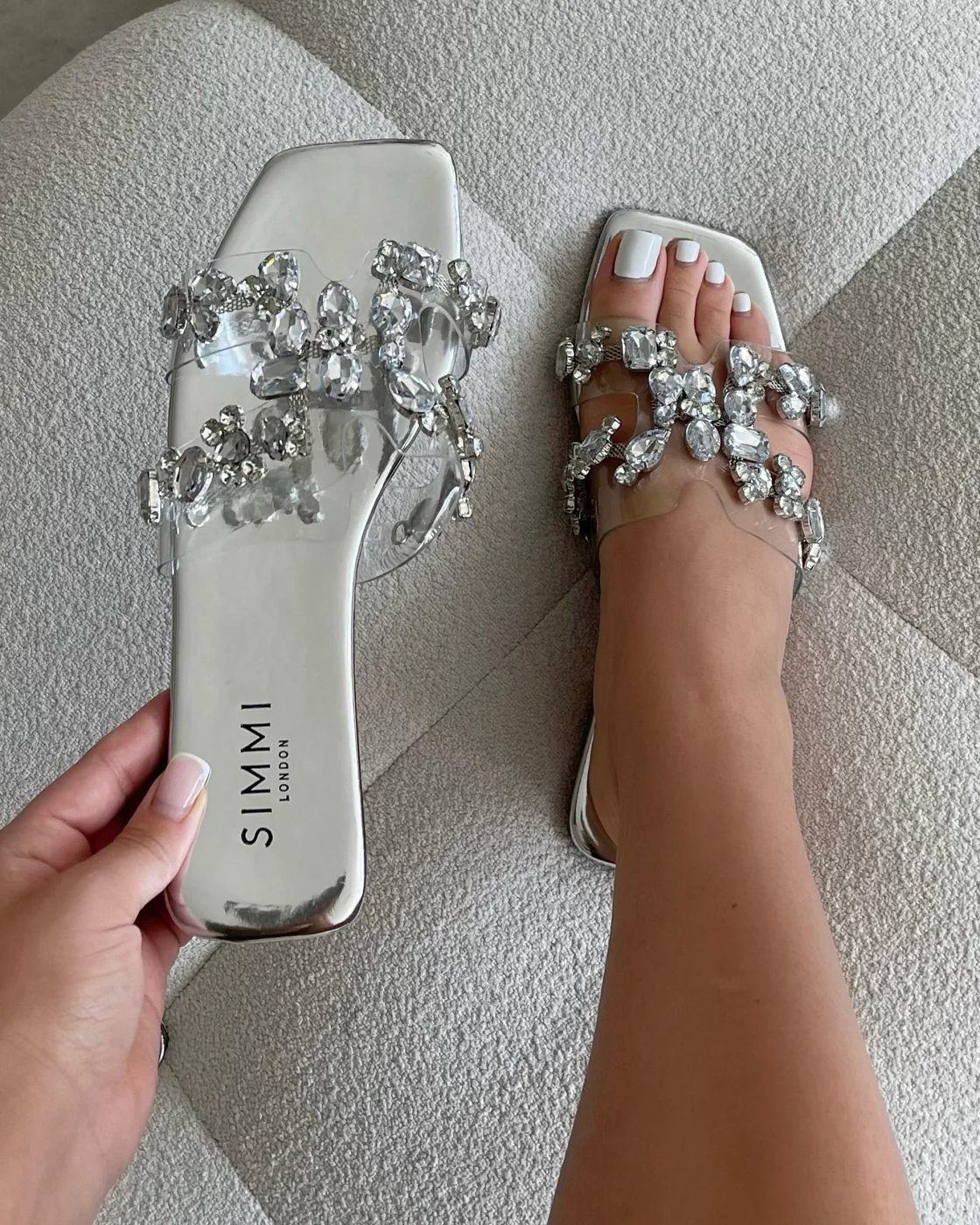 Calista Silver Mirror Diamante Slip On Flat Sandals