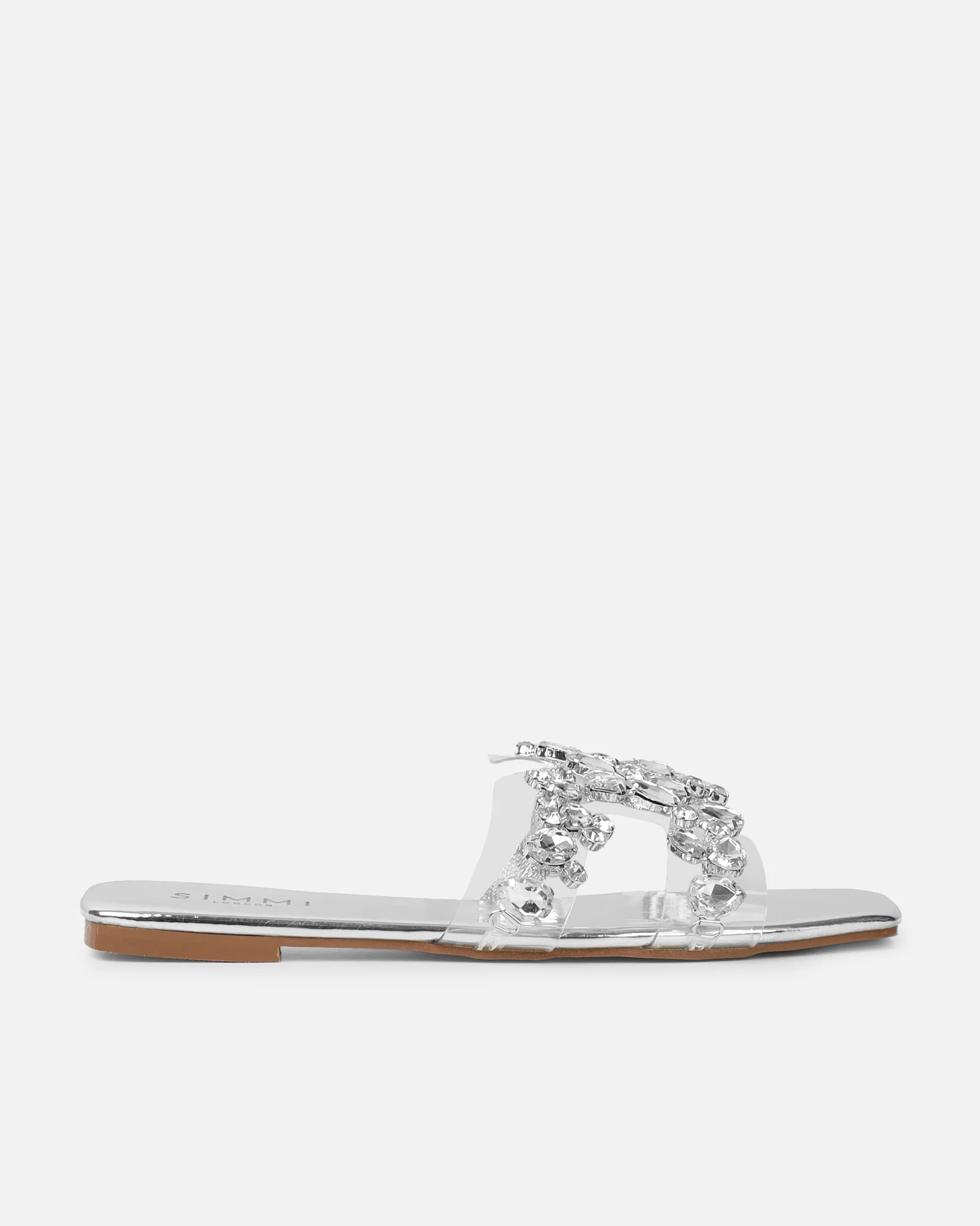 Calista Silver Mirror Diamante Slip On Flat Sandals - Image 2