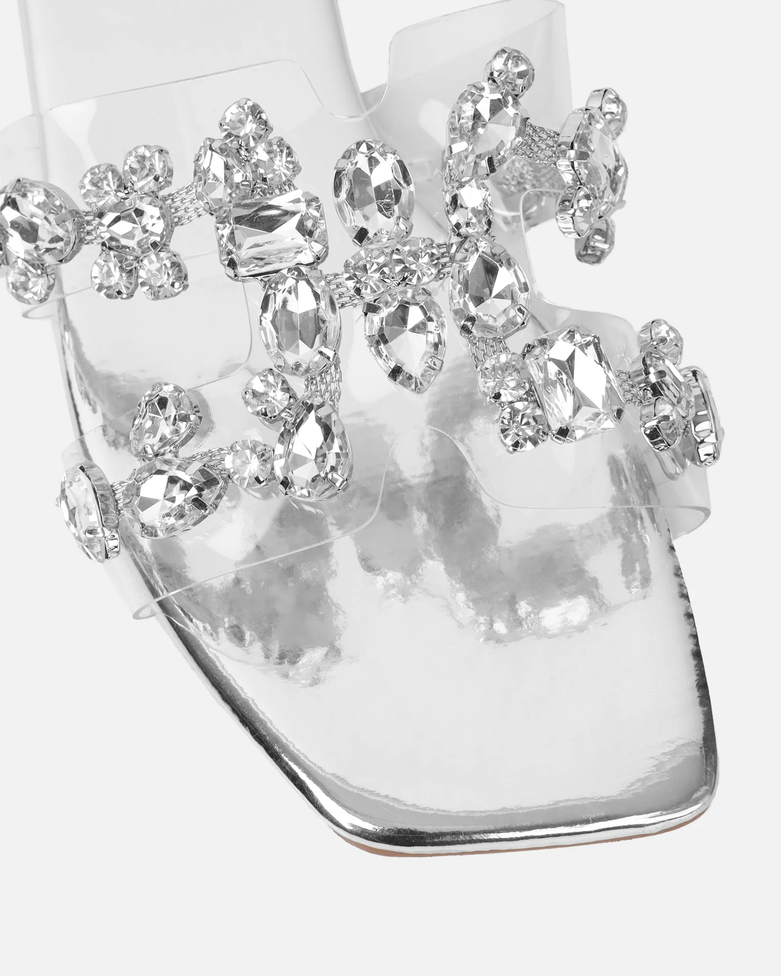Calista Silver Mirror Diamante Slip On Flat Sandals - Image 4
