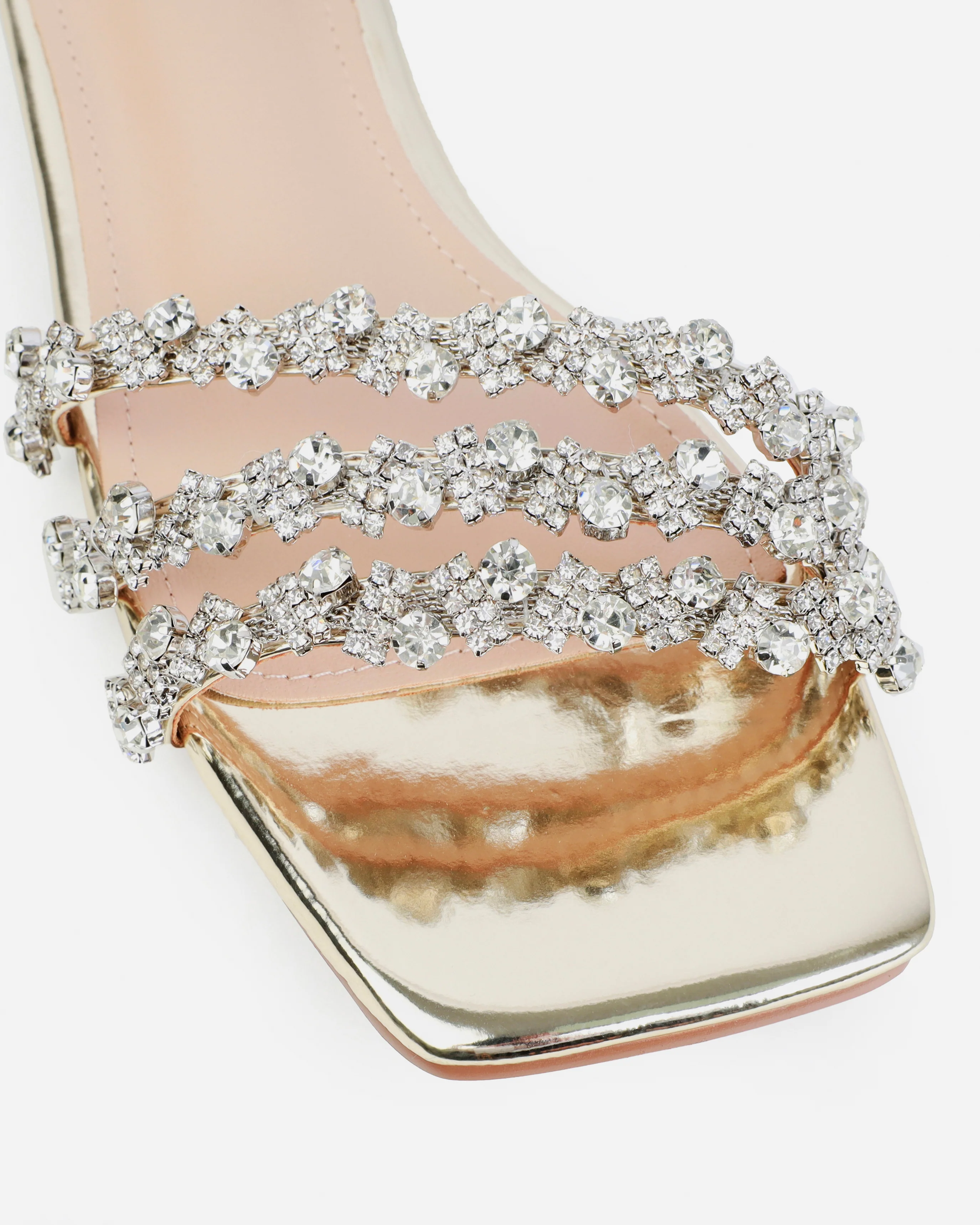 Capri Wide Fit Gold Mirror Diamante Flat Sandals - Image 4