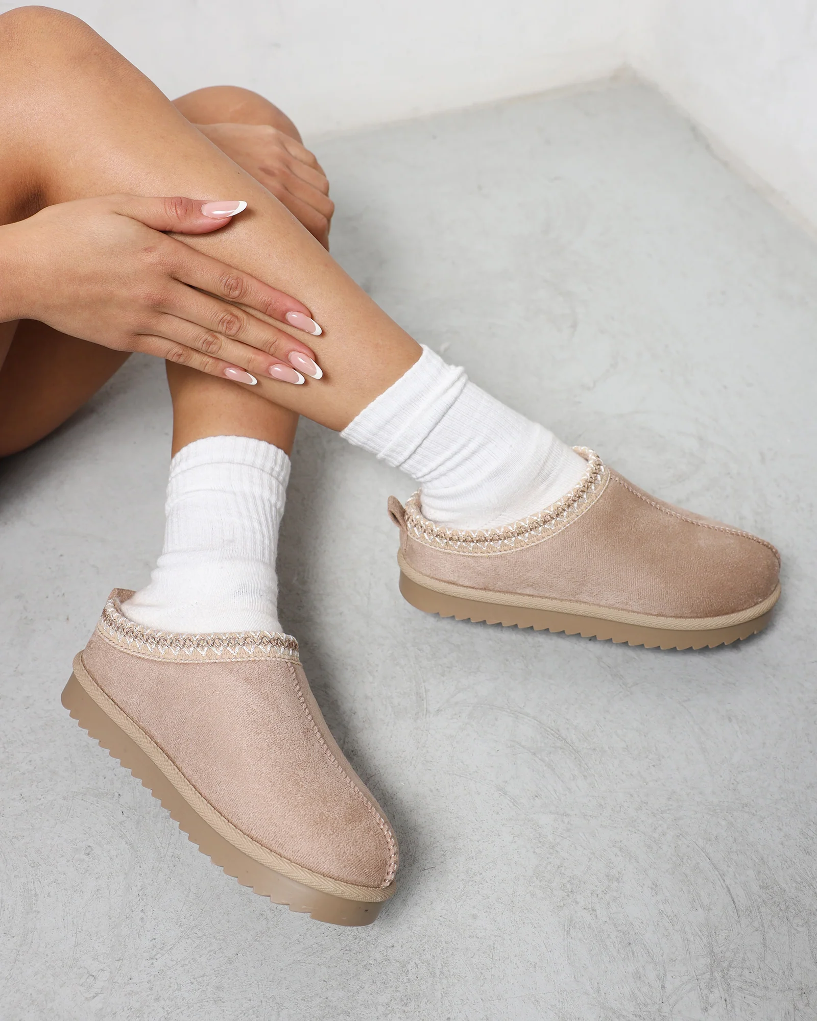 Cece Beige Faux Suede Slippers