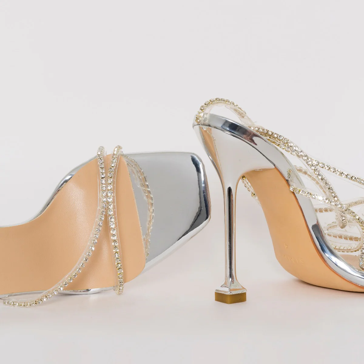 Chantel Silver Clear Diamante Strappy Heels - Image 2