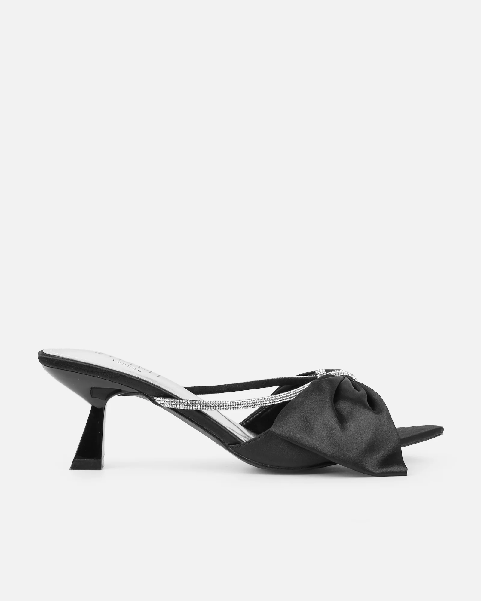 Chayaa Black Satin Diamante Bow Low Heeled Sandals - Image 2