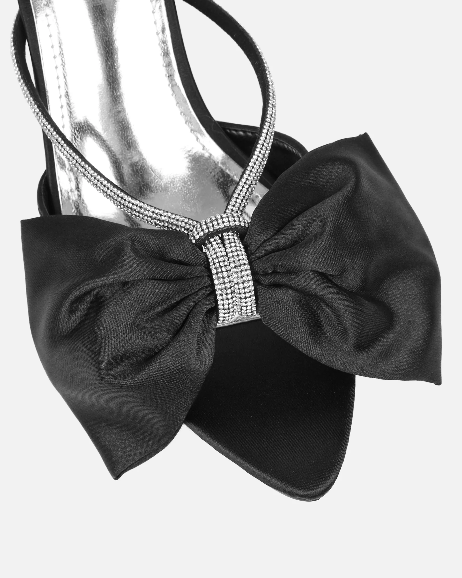 Chayaa Black Satin Diamante Bow Low Heeled Sandals - Image 4