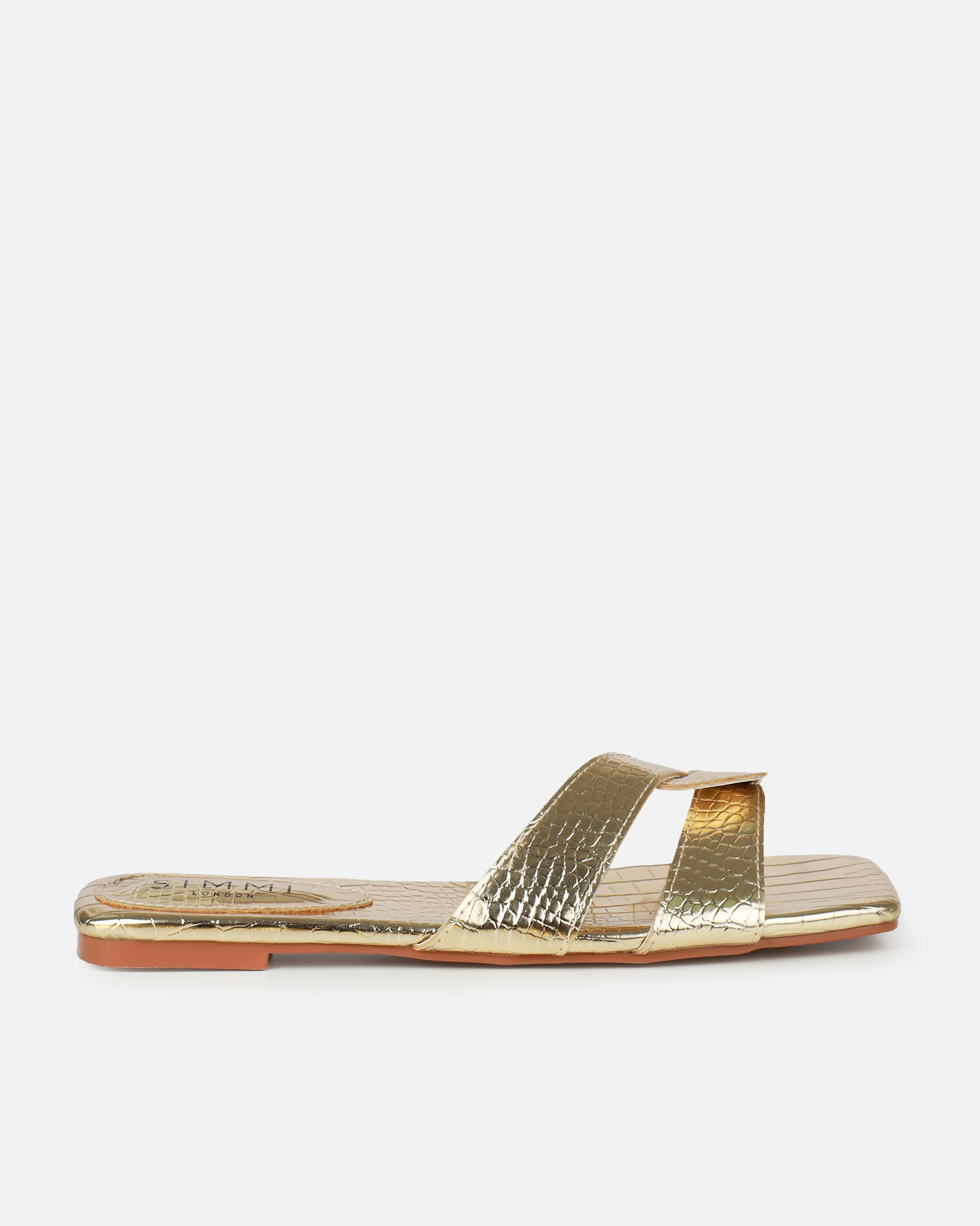 Cherie Gold Metallic Faux Croc Print Flat Sandals - Image 2