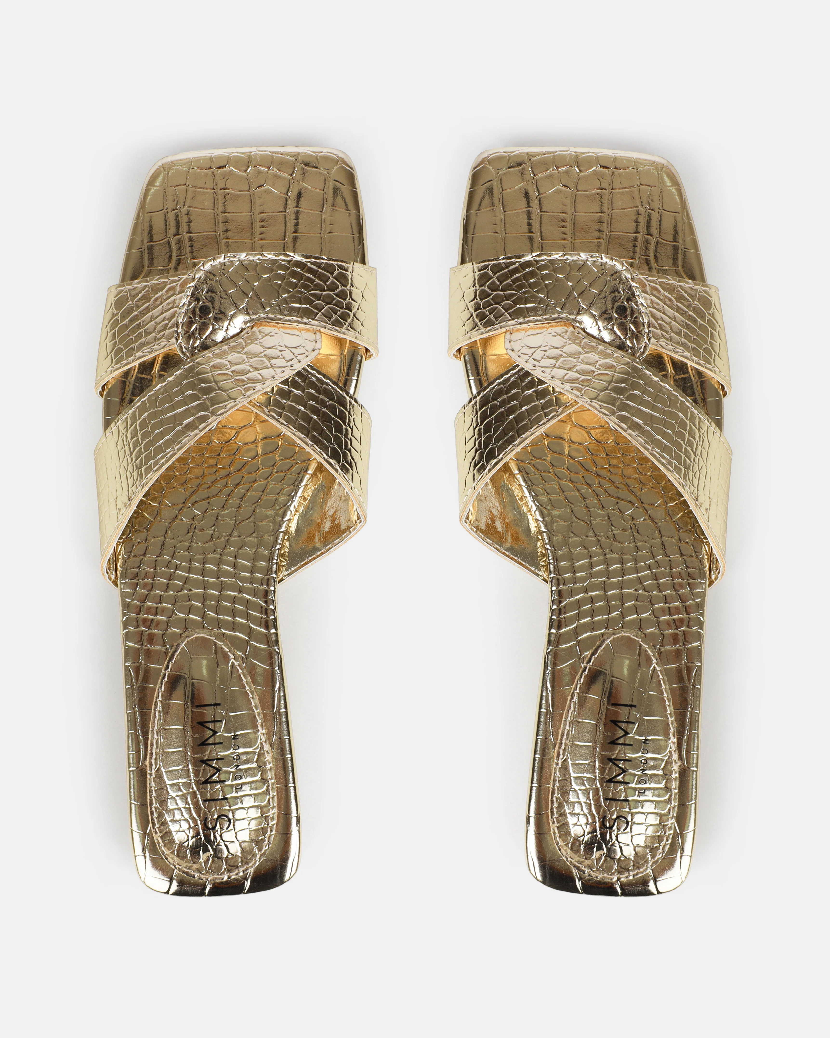 Cherie Gold Metallic Faux Croc Print Flat Sandals - Image 3
