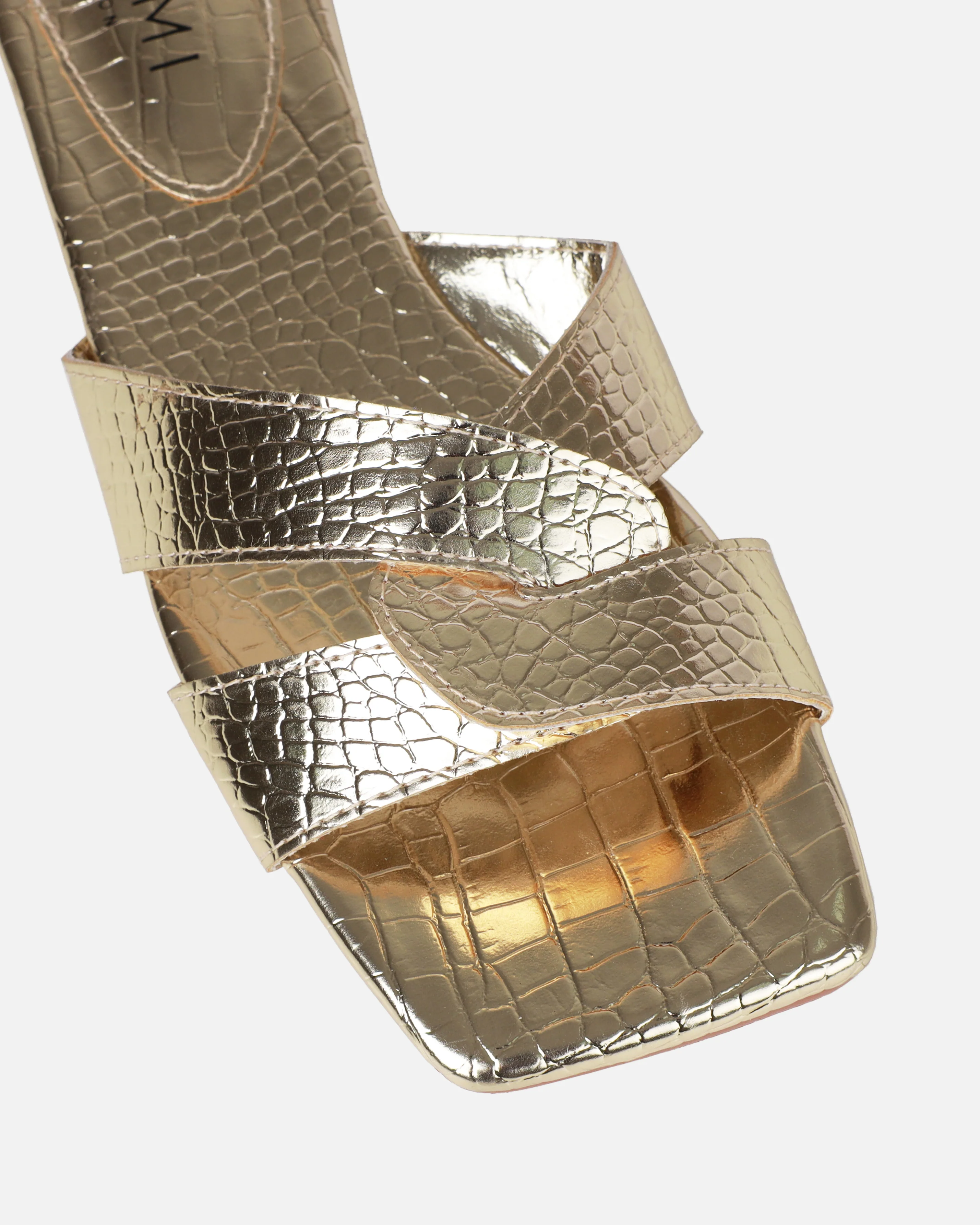 Cherie Gold Metallic Faux Croc Print Flat Sandals - Image 4