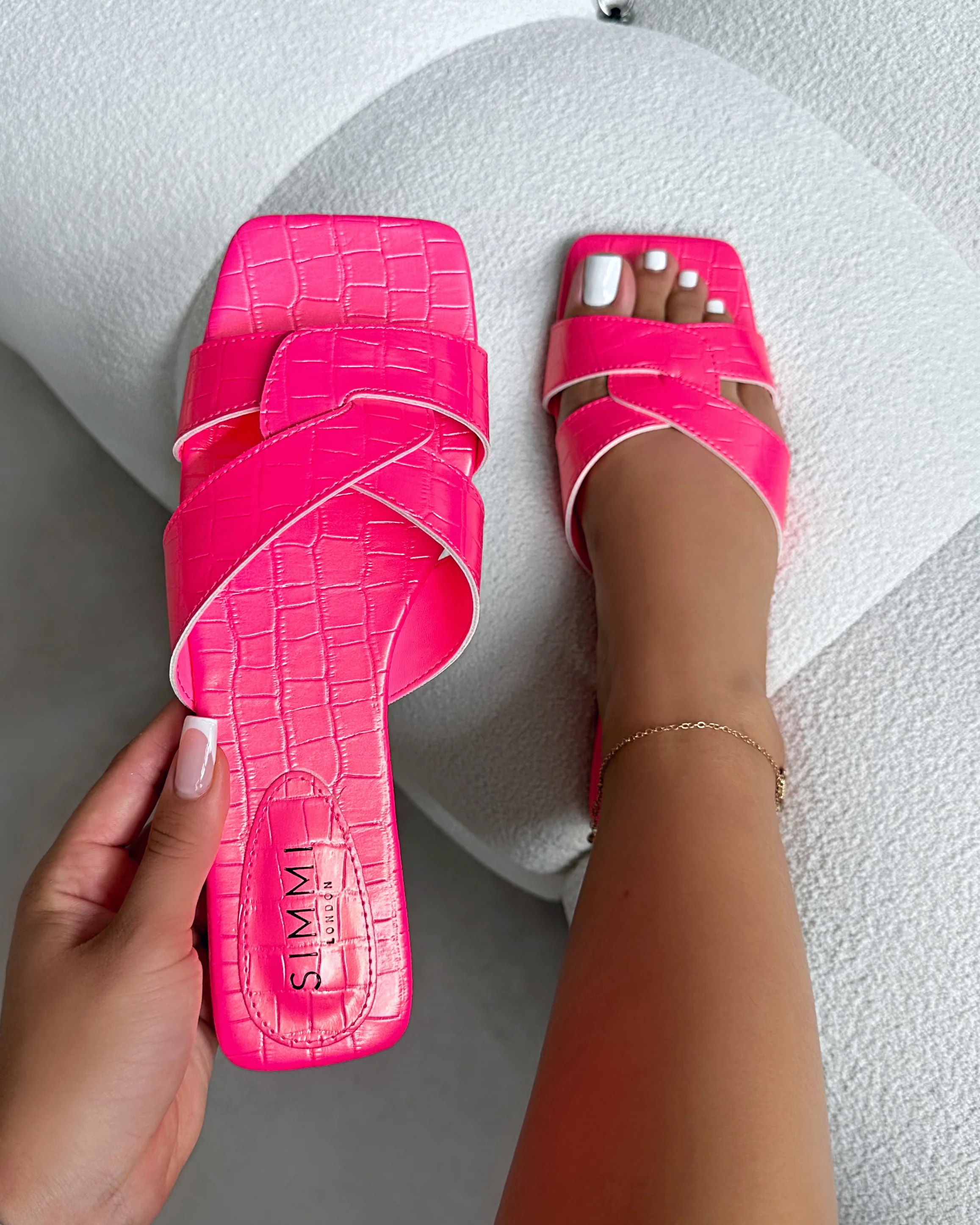 Cherie Hot Pink Faux Croc Print Flat Sandals