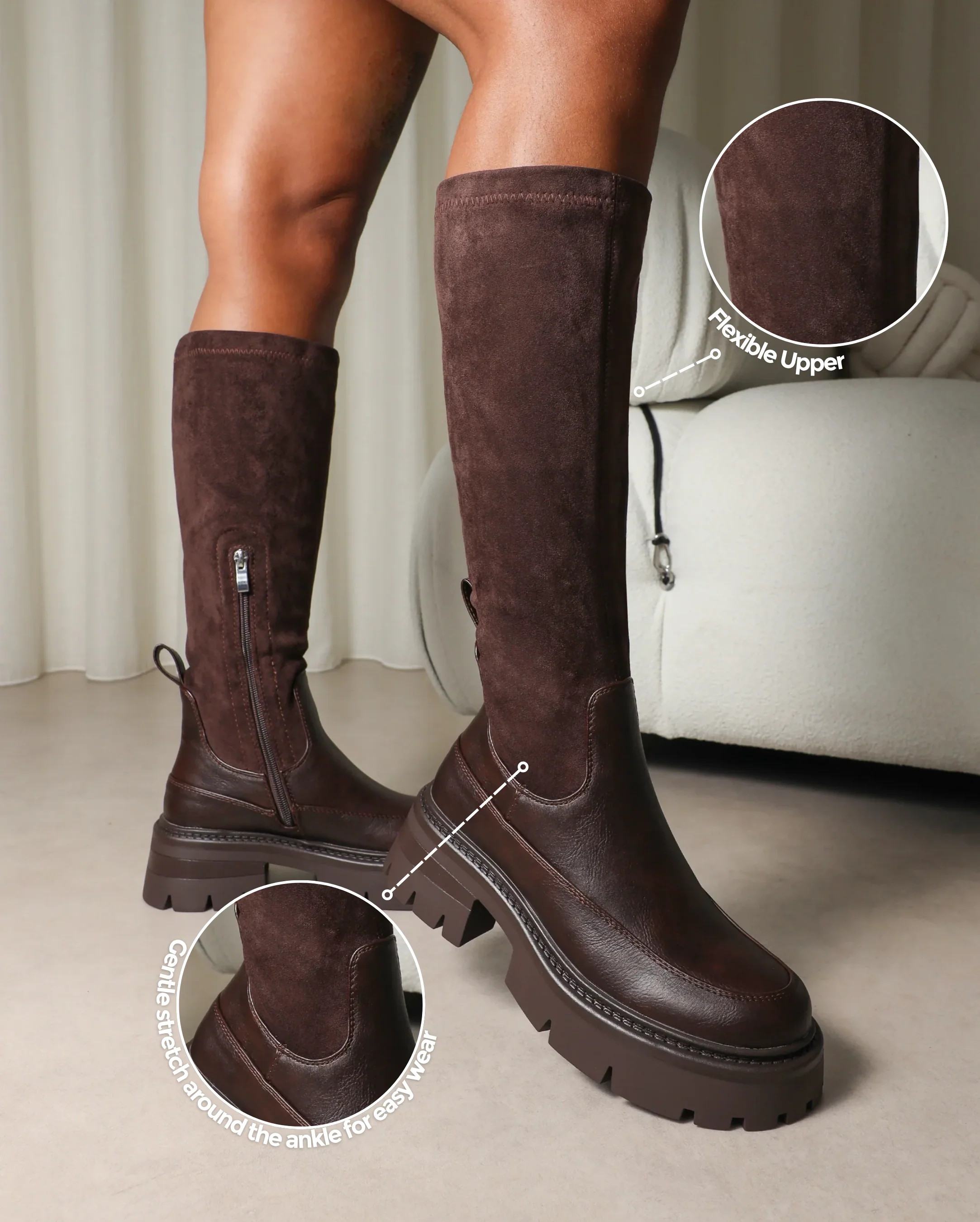 Chorley Brown Microfibre Stretch Chunky Boots - Image 2