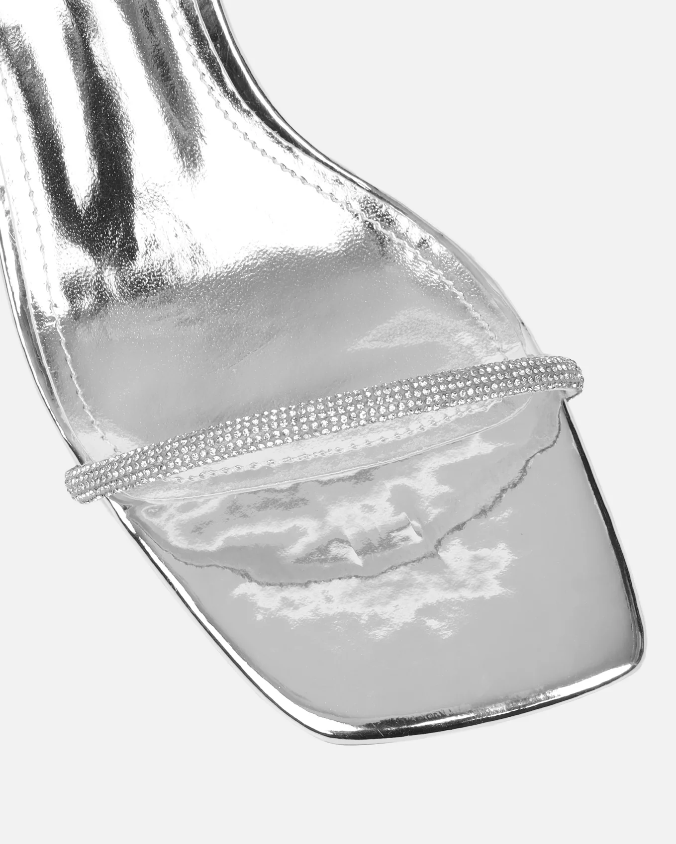 Ciel Silver Mirror Diamante Low Block Heeled Sandals - Image 4
