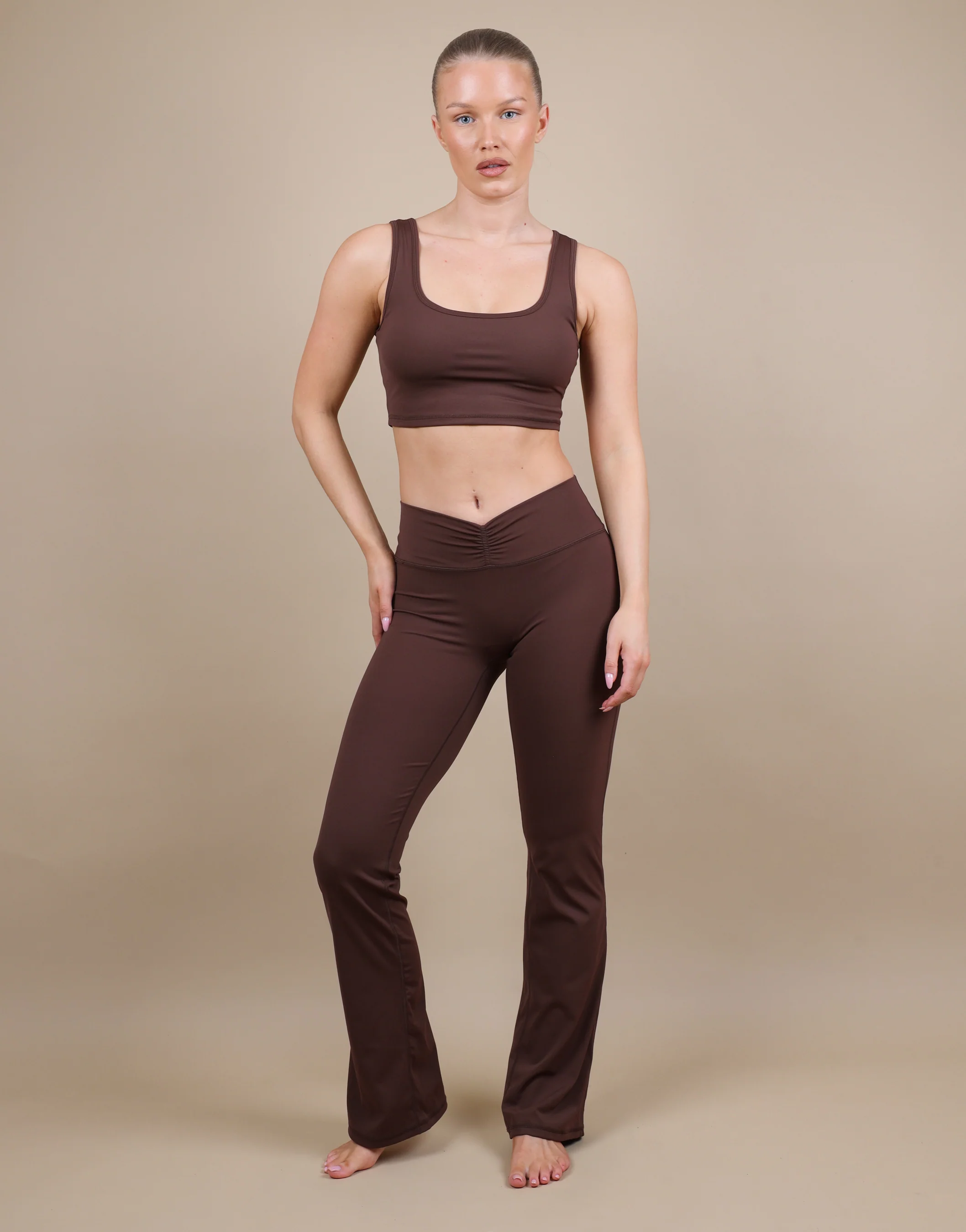 Cleo Ruched Front Flared Leggings In Brown