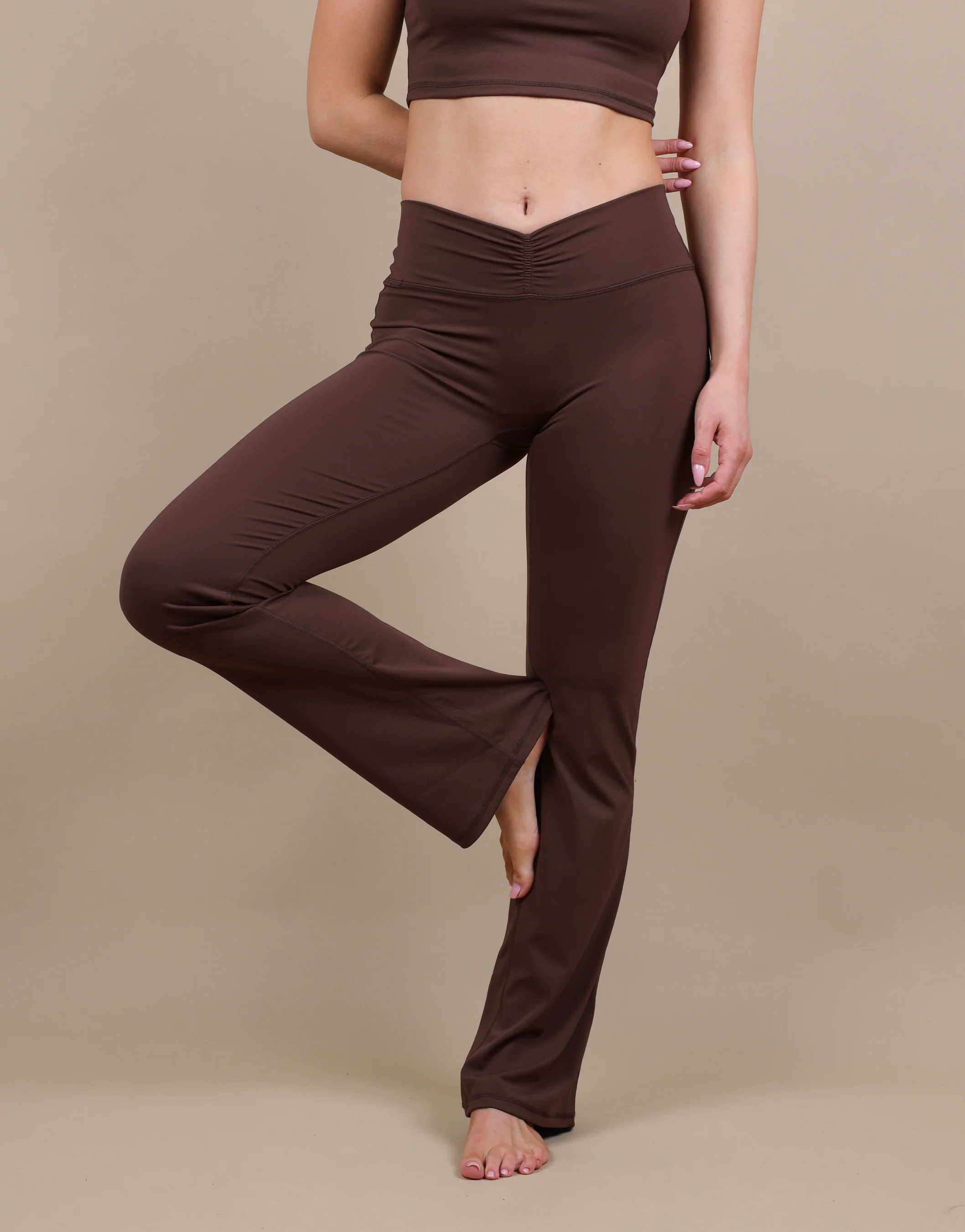 Cleo Ruched Front Flared Leggings In Brown - Image 2