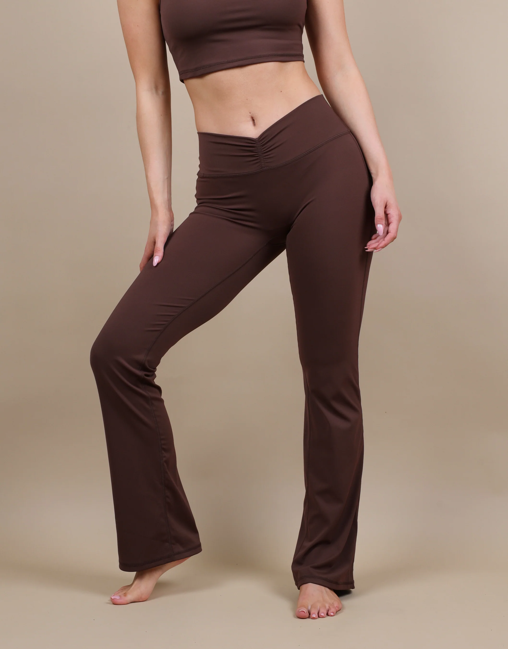 Cleo Ruched Front Flared Leggings In Brown - Image 3