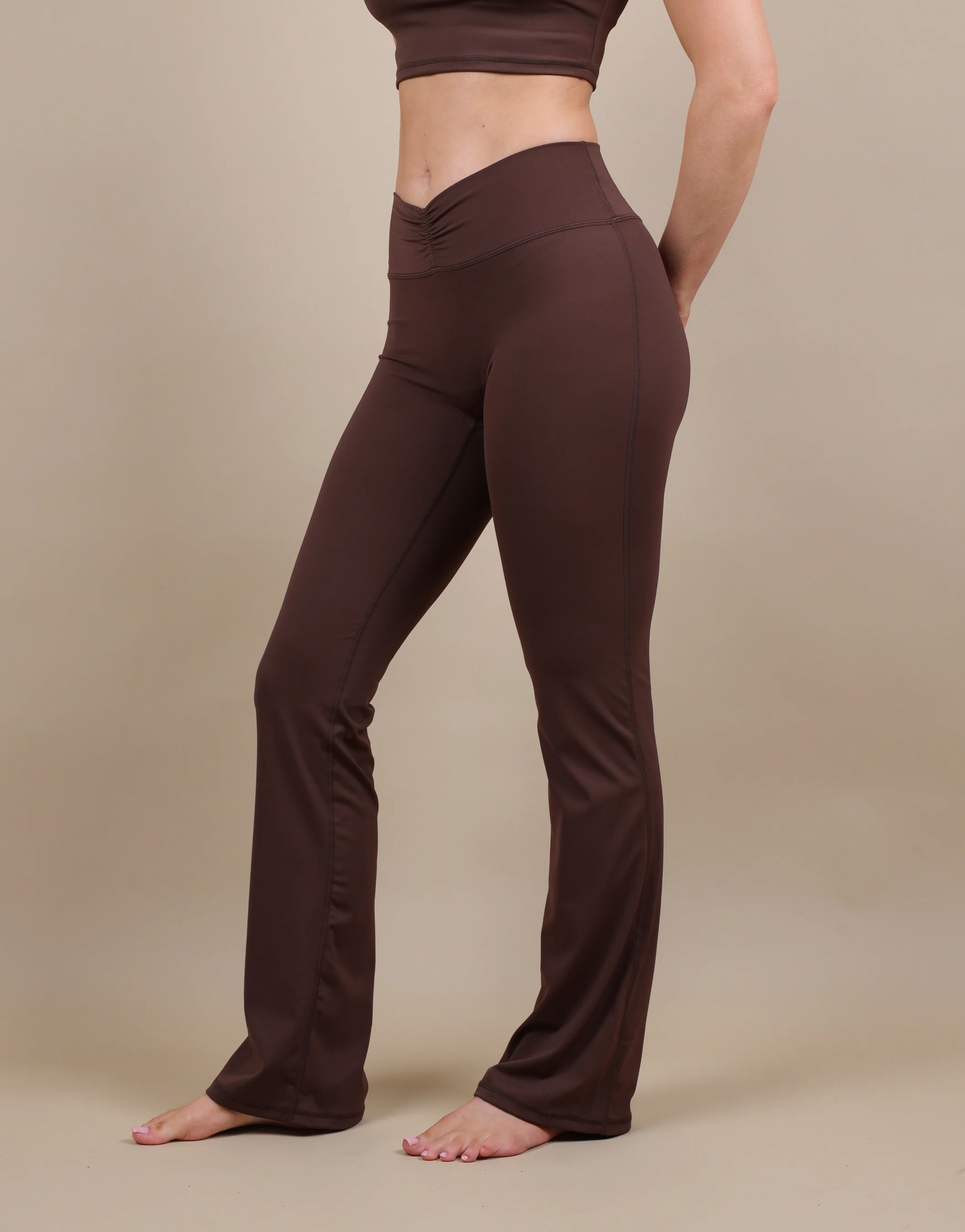 Cleo Ruched Front Flared Leggings In Brown - Image 4