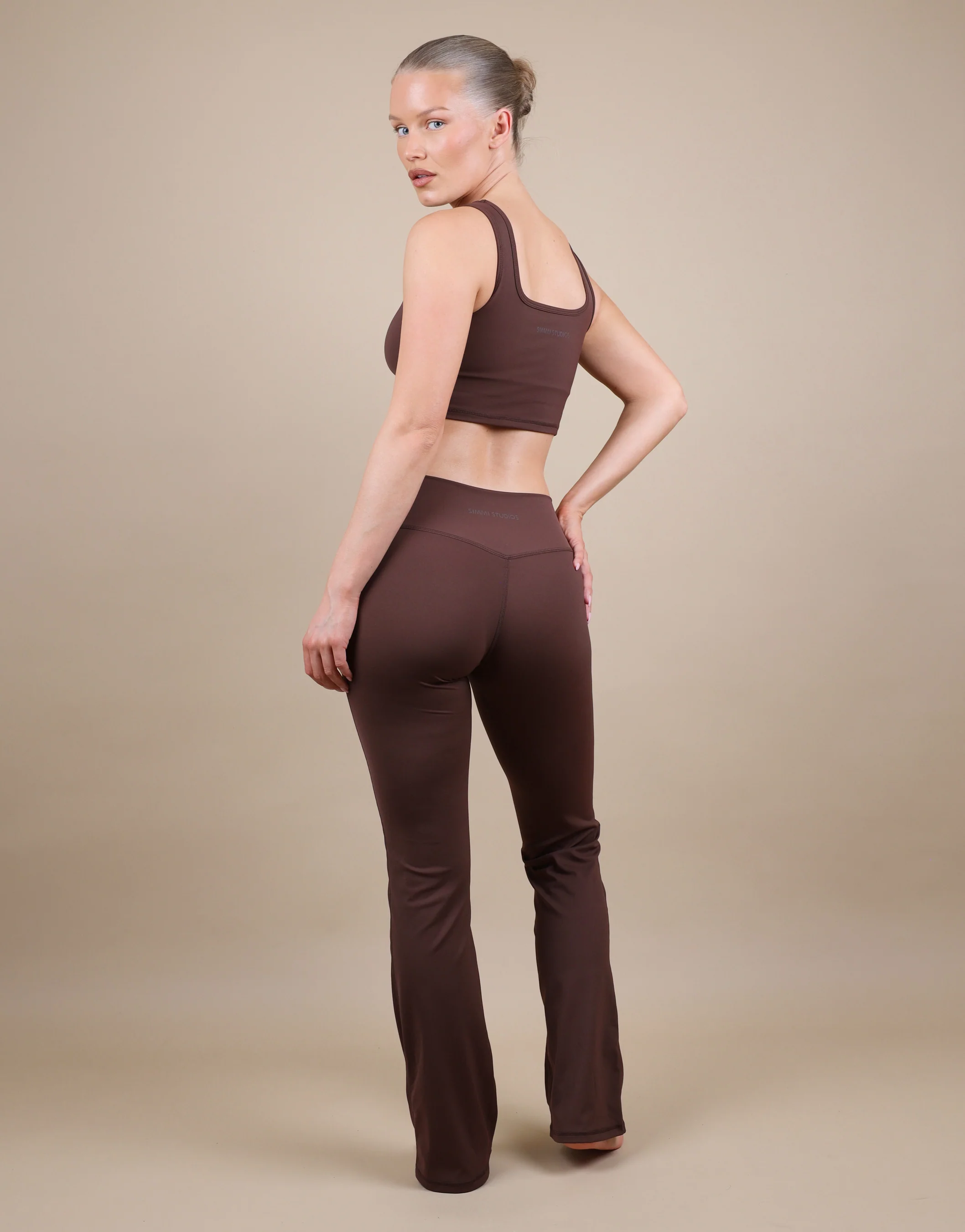 Cleo Ruched Front Flared Leggings In Brown - Image 6