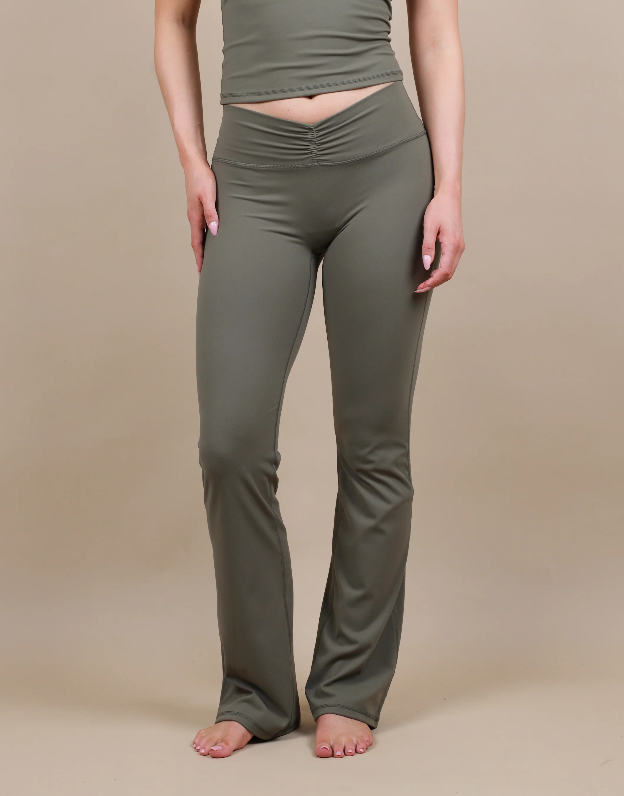 Cleo Ruched Front Flared Leggings In Olive - Image 2