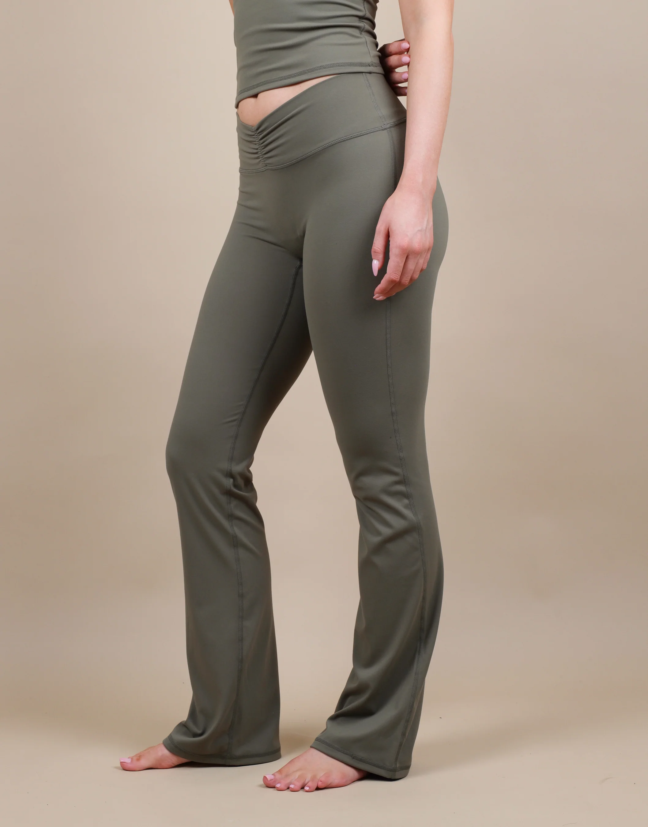 Cleo Ruched Front Flared Leggings In Olive - Image 3