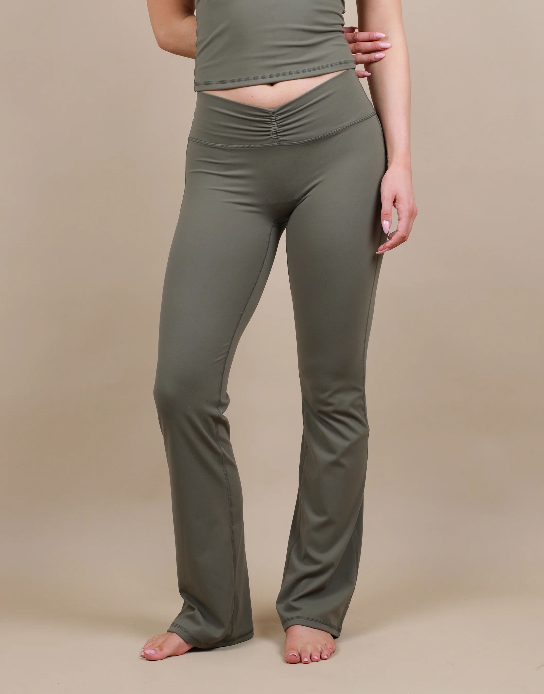 Cleo Ruched Front Flared Leggings In Olive - Image 4