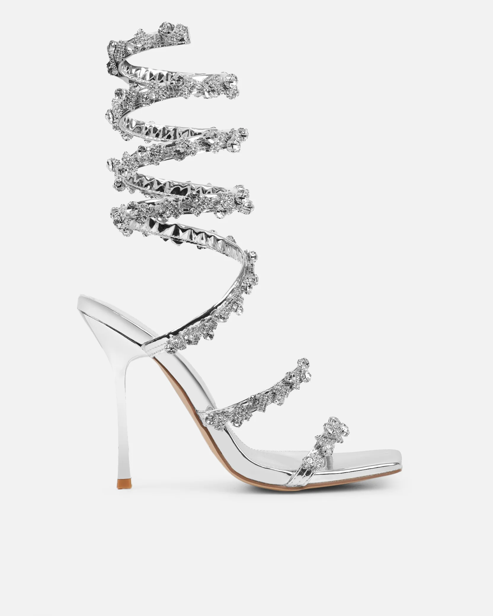 Cosmic Silver Mirror Diamante Spiral Sandals - Image 2