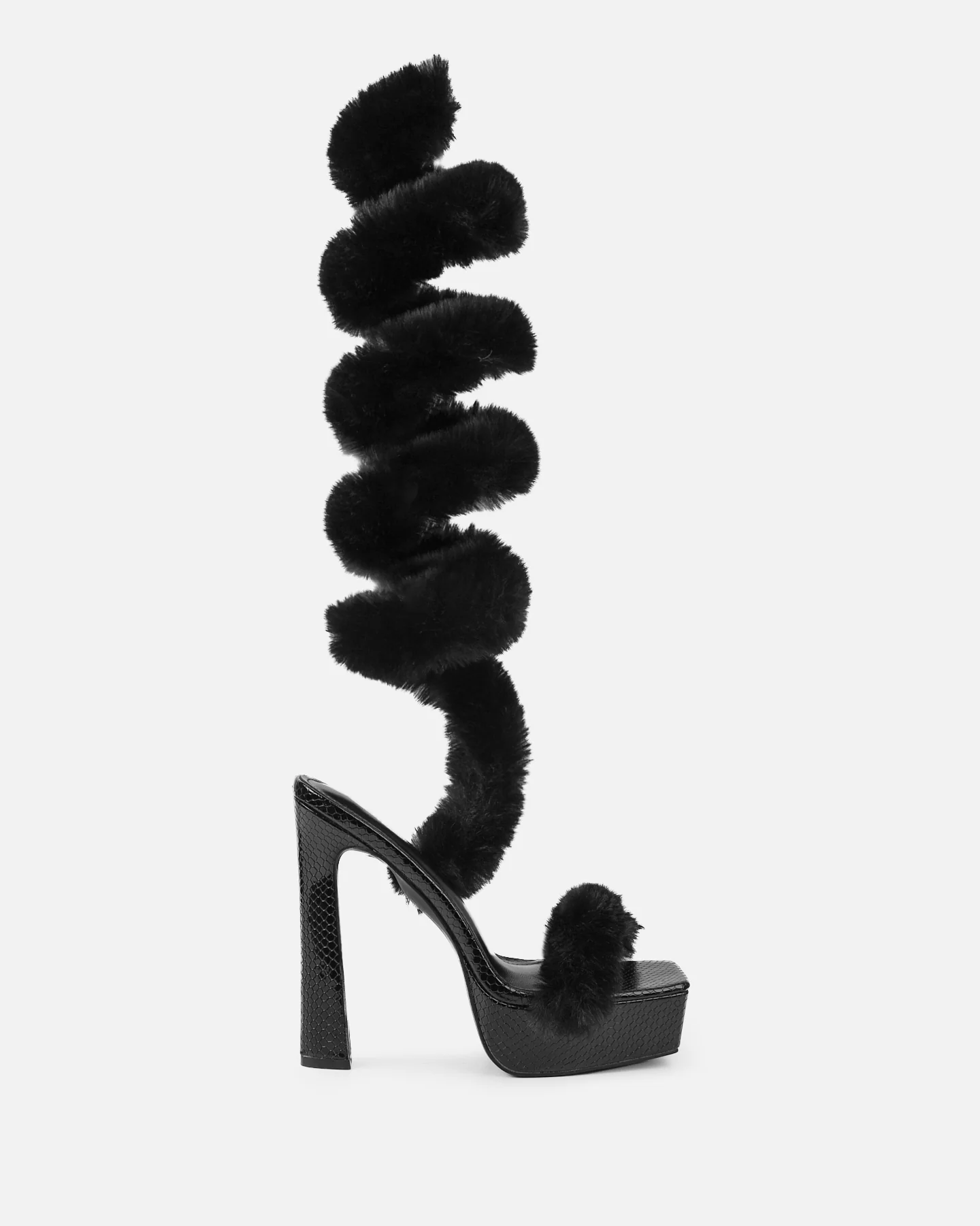 Curly Black Snake Faux Fur Platform Sandals - Image 2