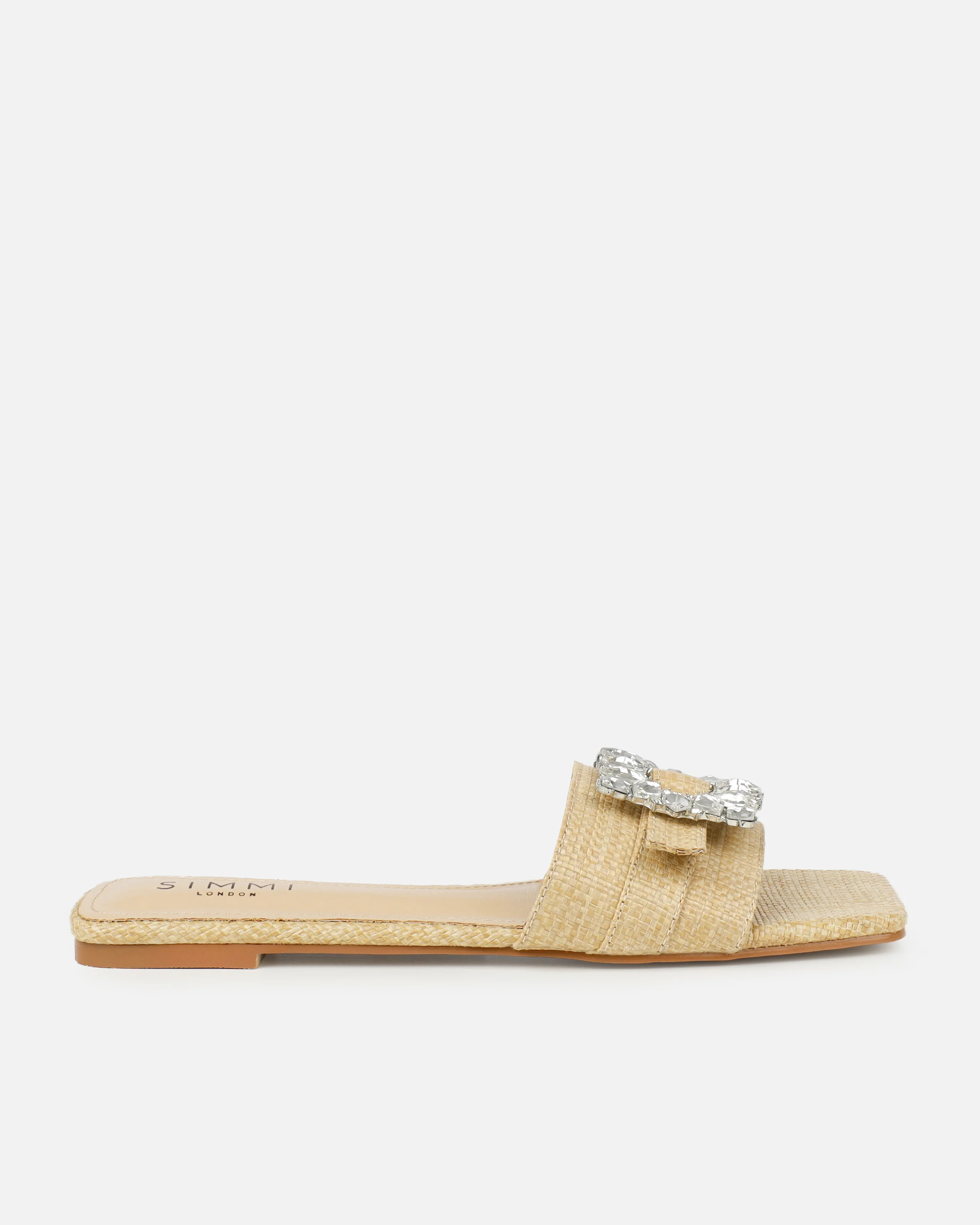 Cyra Beige Raffia Diamante Flat Sandals - Image 2