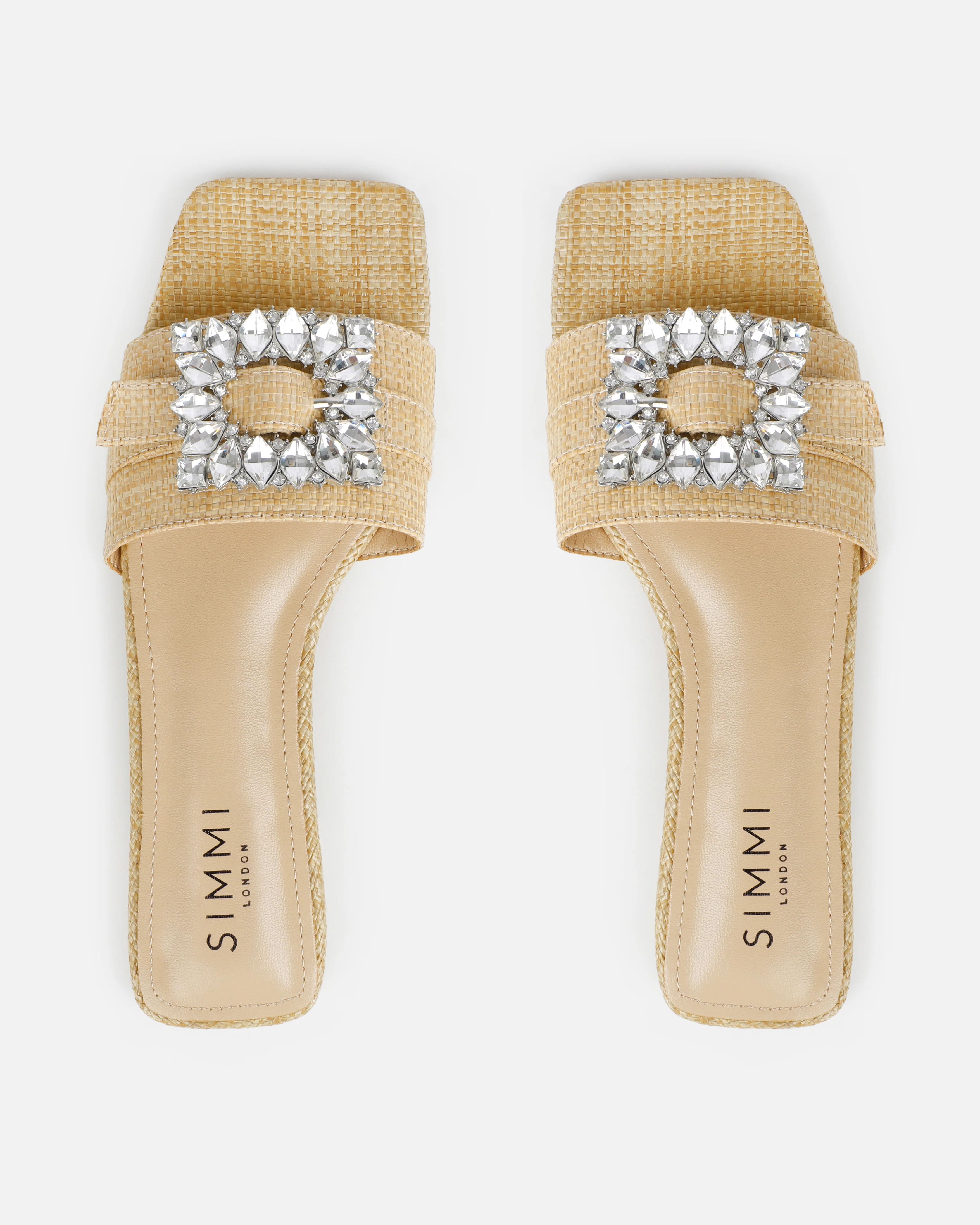 Cyra Beige Raffia Diamante Flat Sandals - Image 3