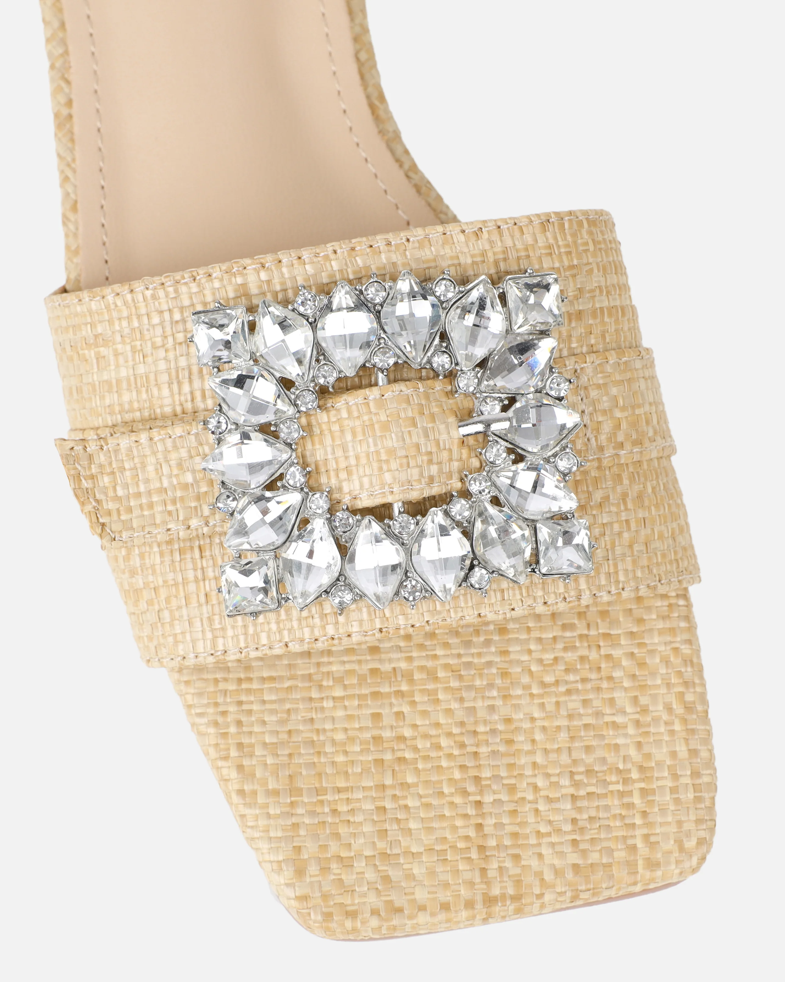 Cyra Beige Raffia Diamante Flat Sandals - Image 4
