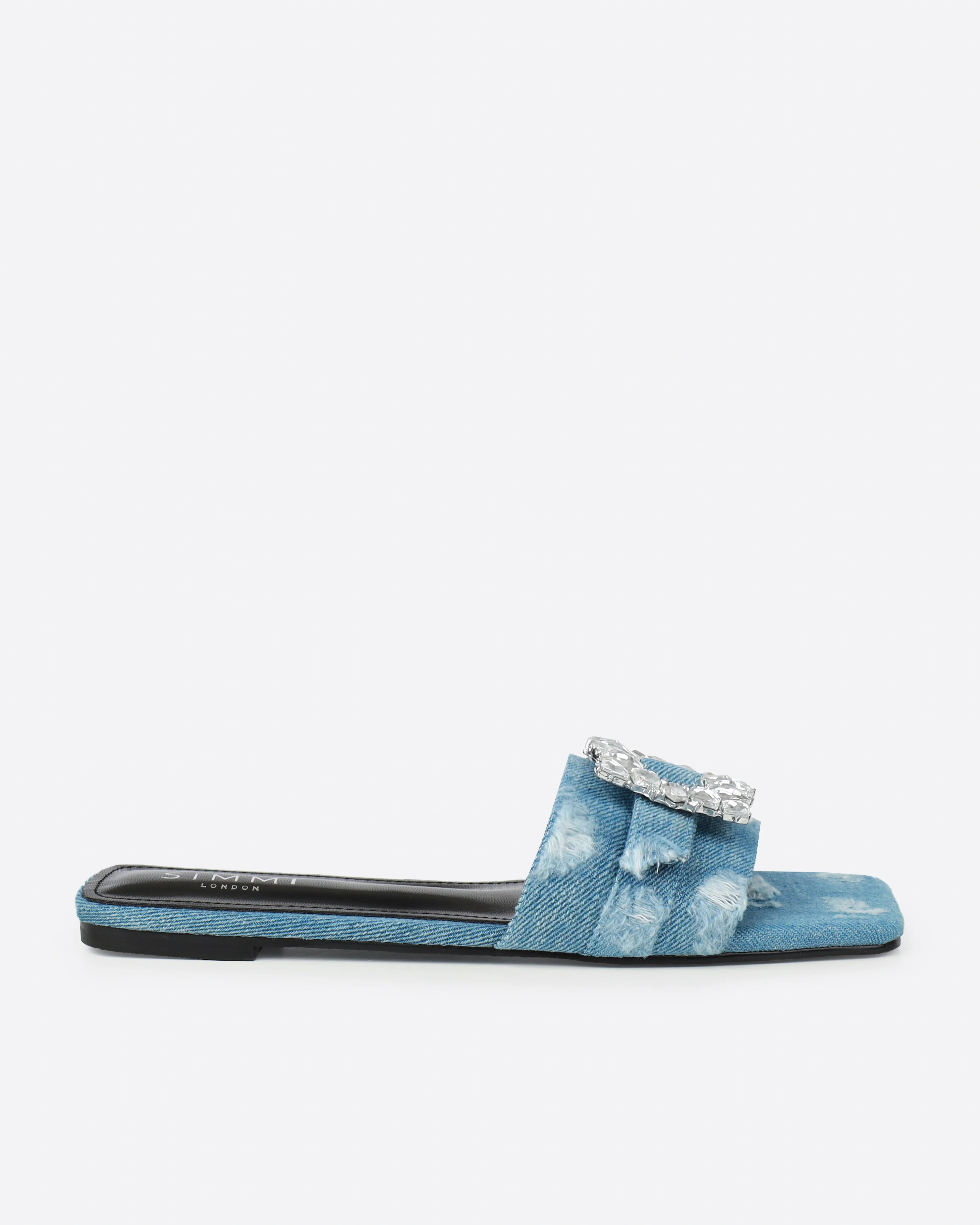 Cyra Blue Denim Diamante Flat Sandals - Image 2