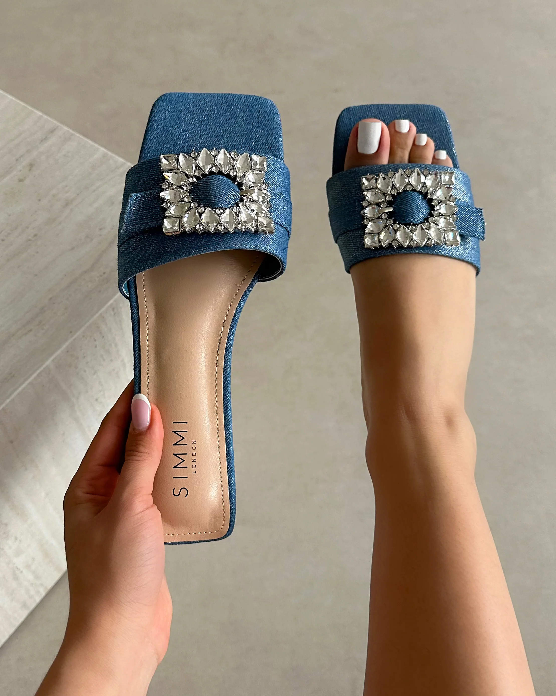 Cyra Silver Denim Diamante Flat Sandals
