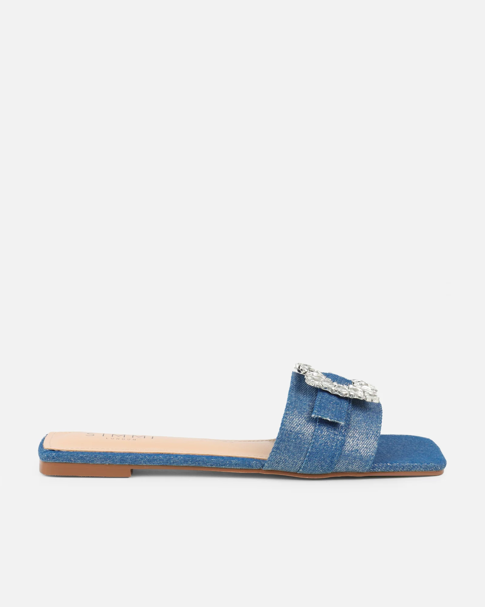 Cyra Silver Denim Diamante Flat Sandals - Image 2