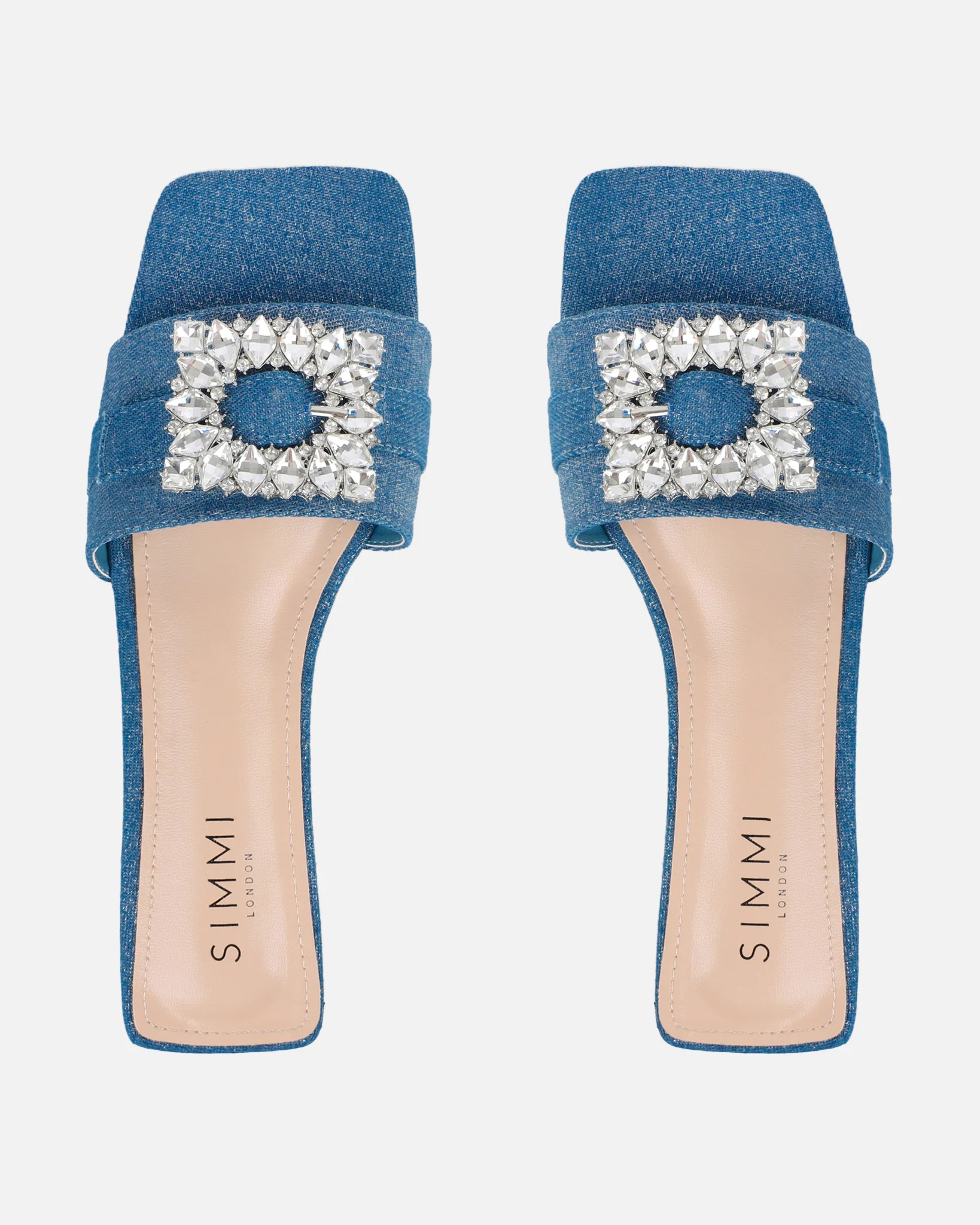 Cyra Silver Denim Diamante Flat Sandals - Image 3