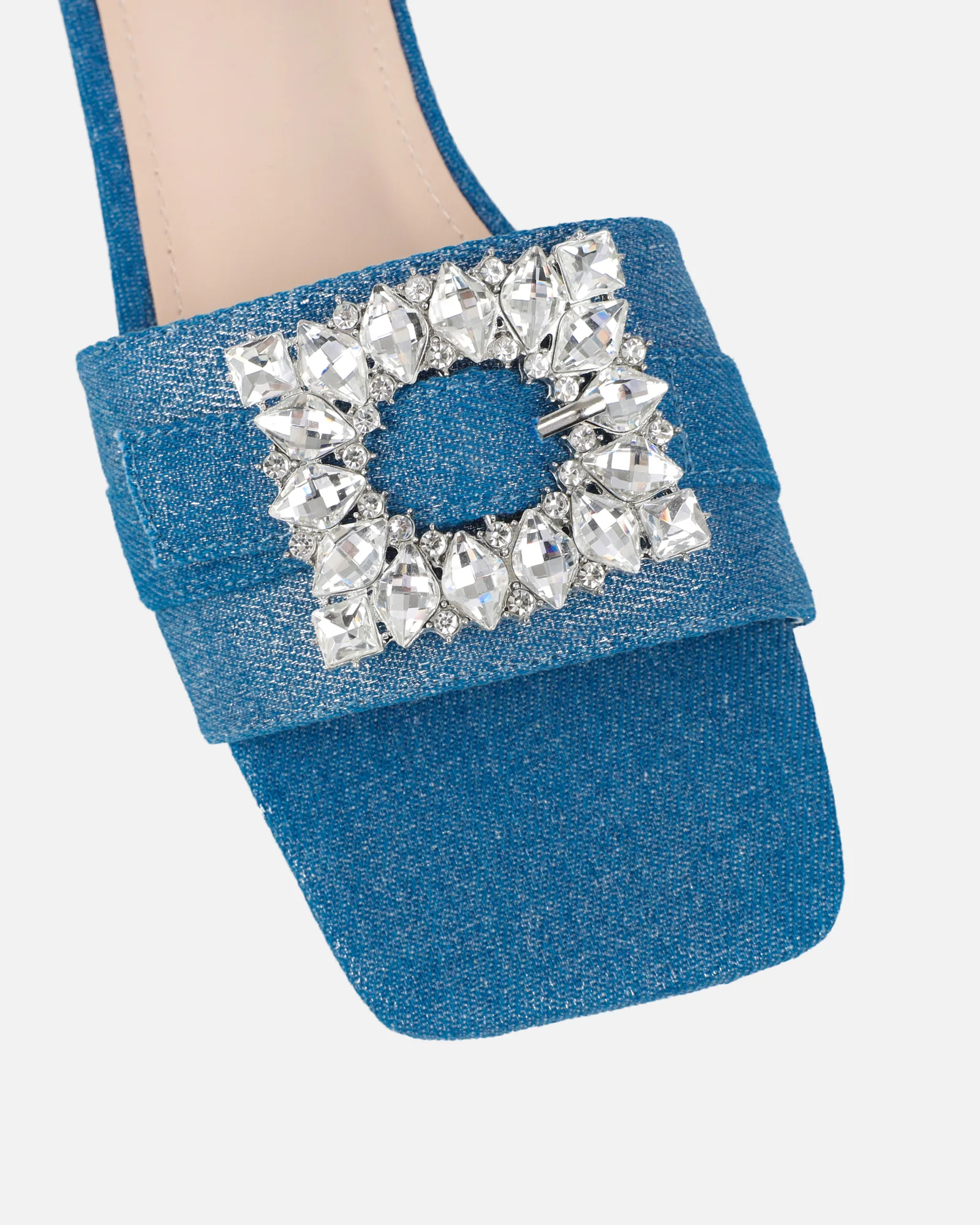 Cyra Silver Denim Diamante Flat Sandals - Image 4