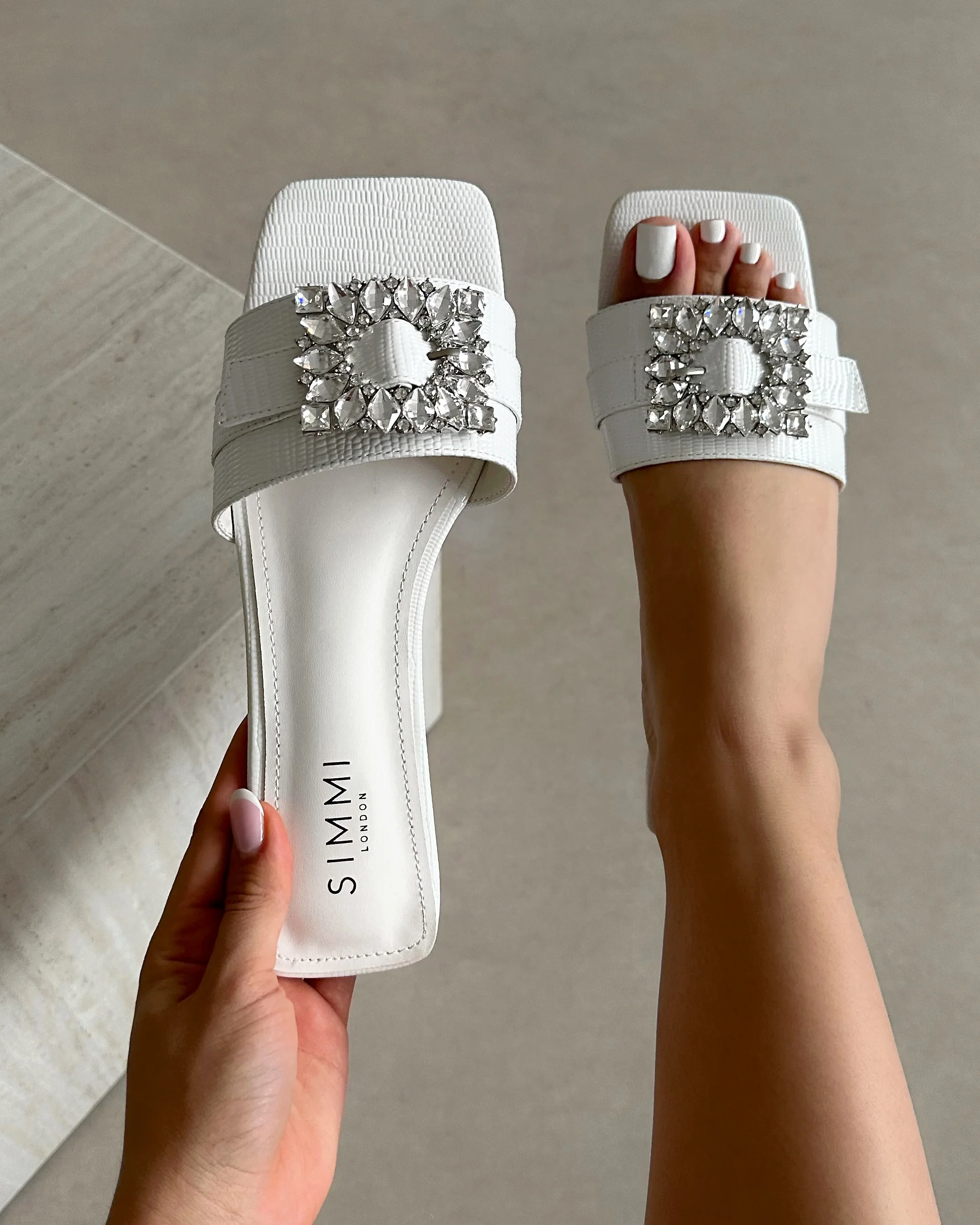 Cyra White Faux Lizard Effect Diamante Flat Sandals
