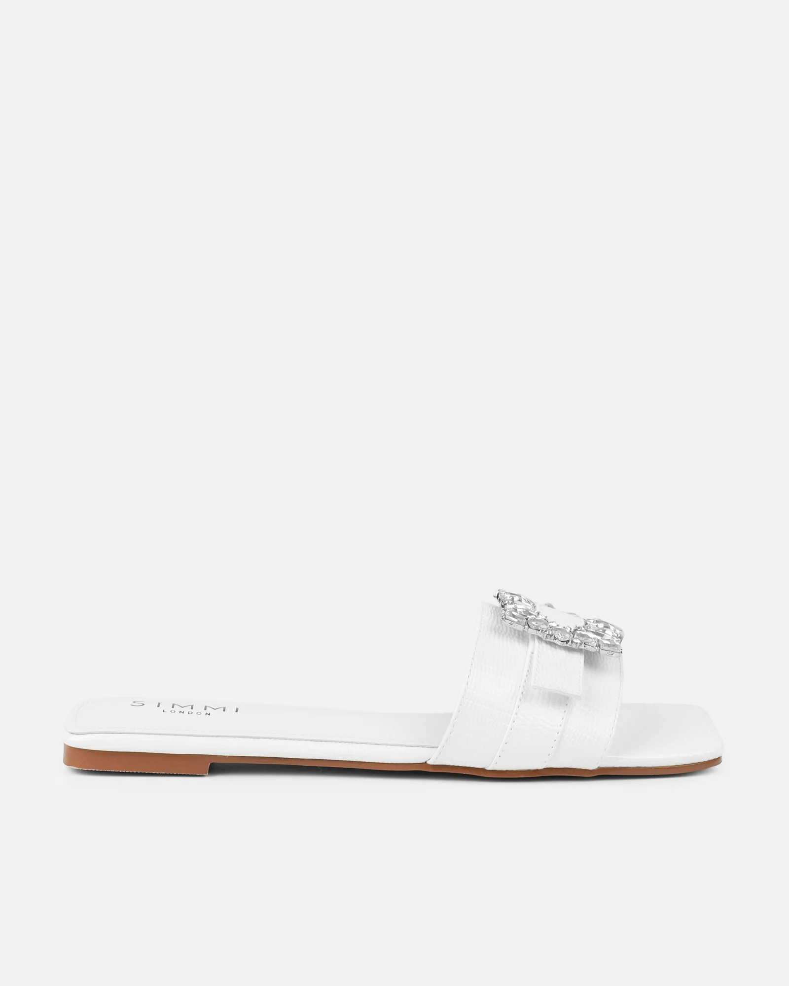 Cyra White Faux Lizard Effect Diamante Flat Sandals - Image 2