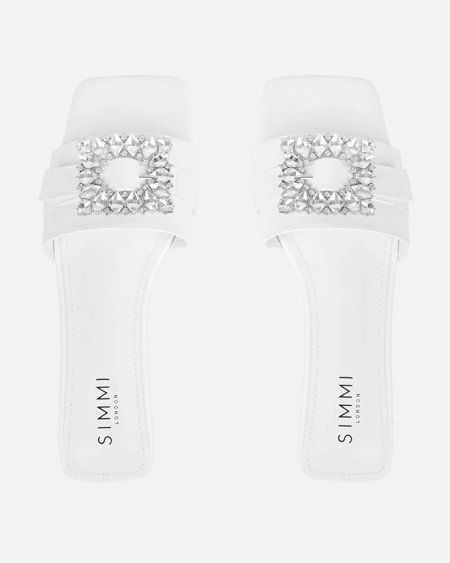 Cyra White Faux Lizard Effect Diamante Flat Sandals - Image 3