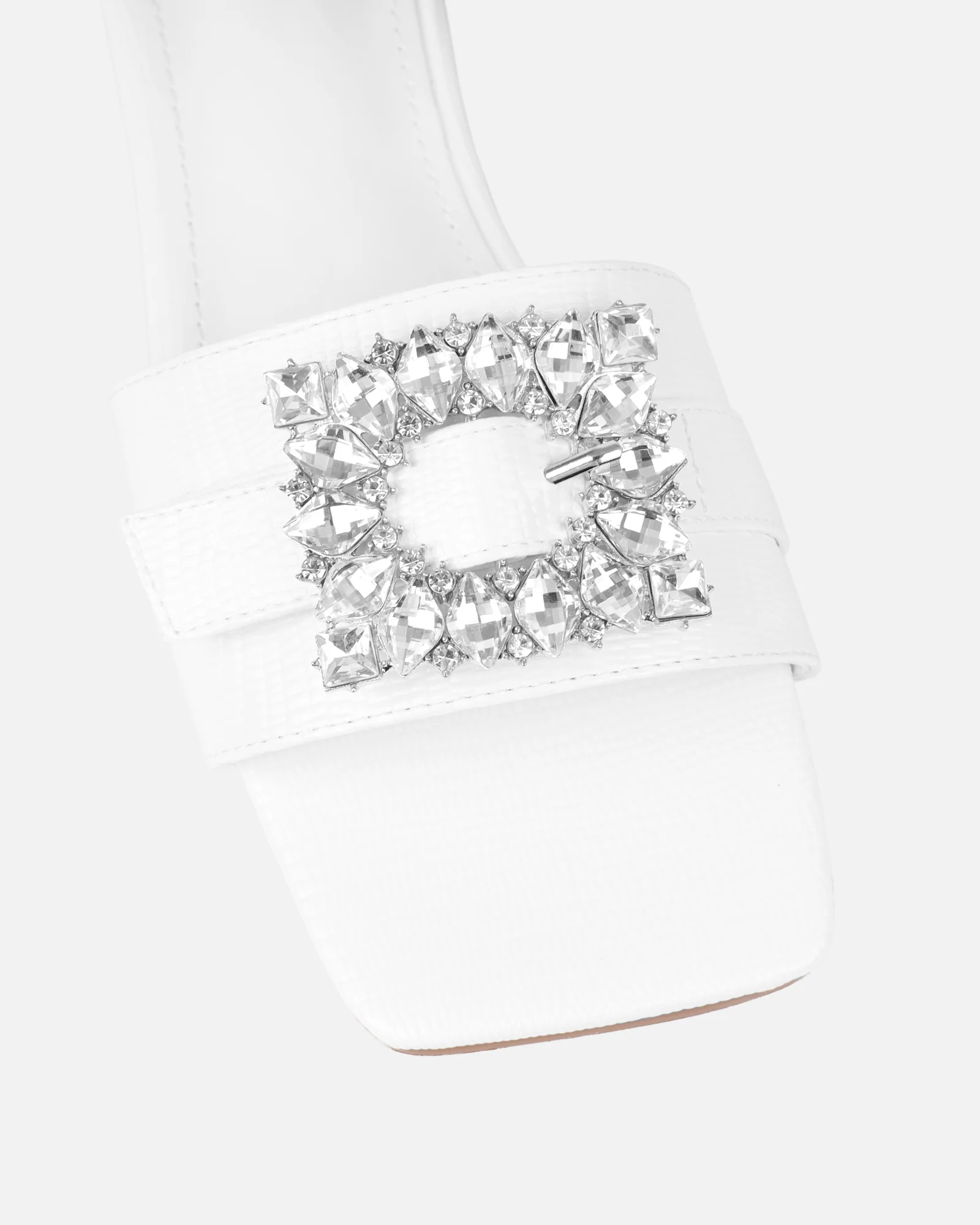 Cyra White Faux Lizard Effect Diamante Flat Sandals - Image 4