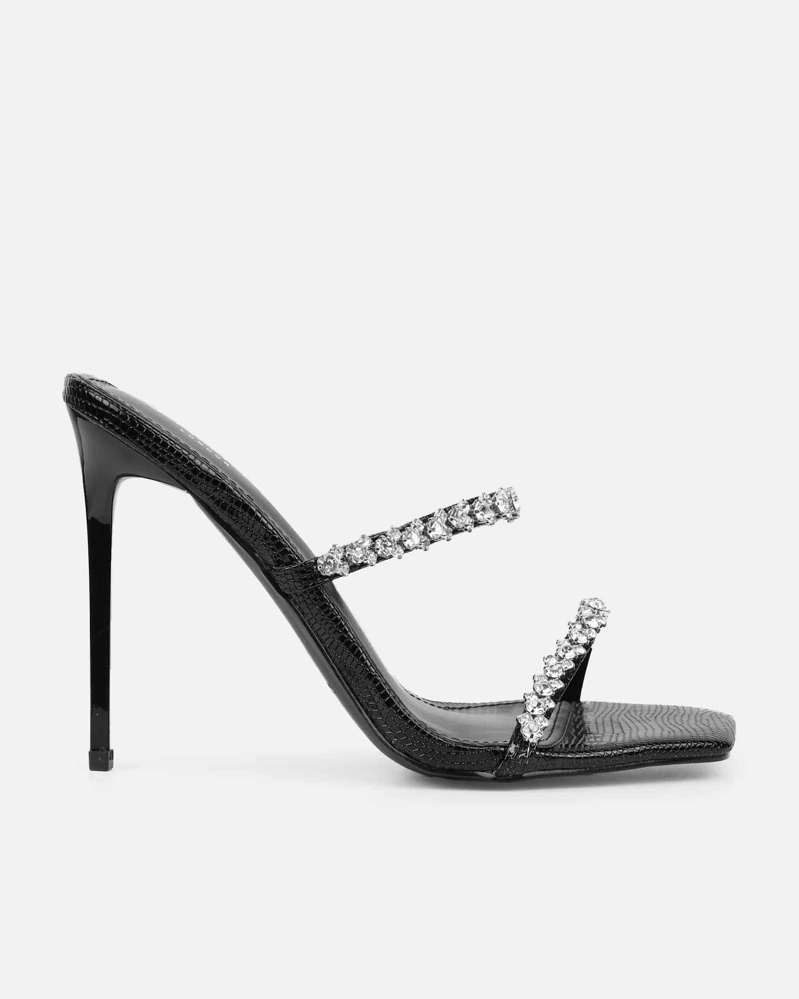 Daizy Black Snake Effect Diamante Heeled Sandals - Image 2