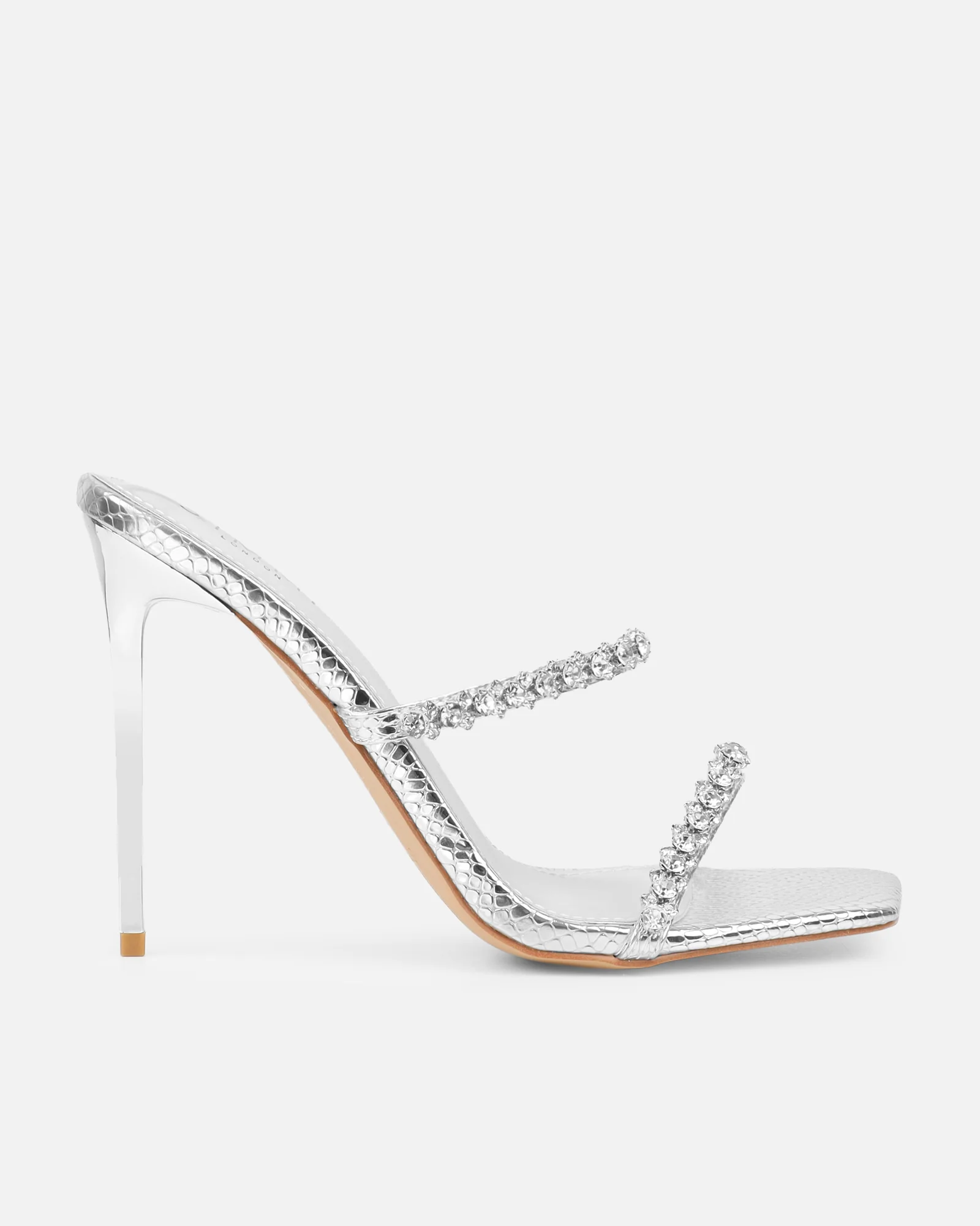 Daizy Silver Snake Effect Diamante Heeled Sandals - Image 2